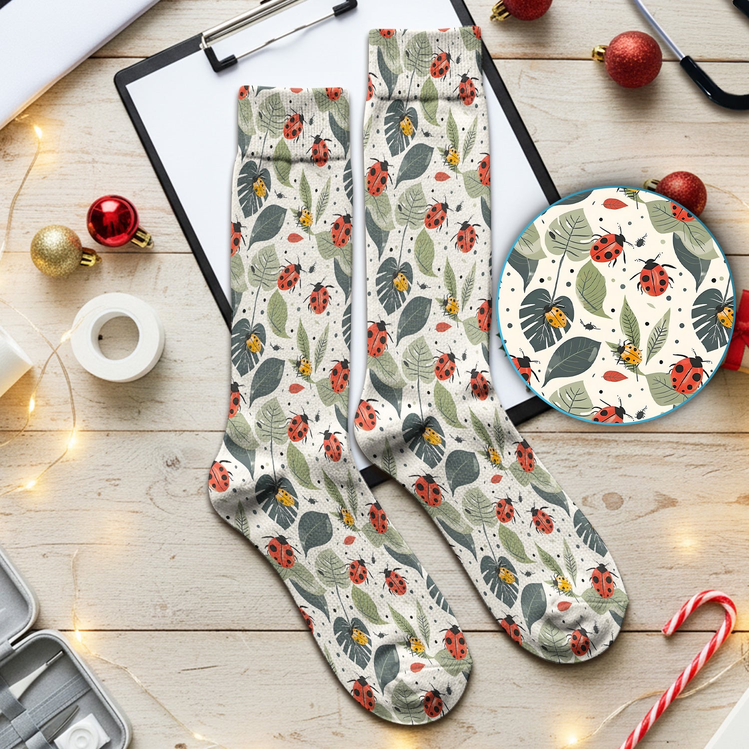 Cute Ladybug Leaf Nature Pattern Socks, Adult Socks for Men and Women