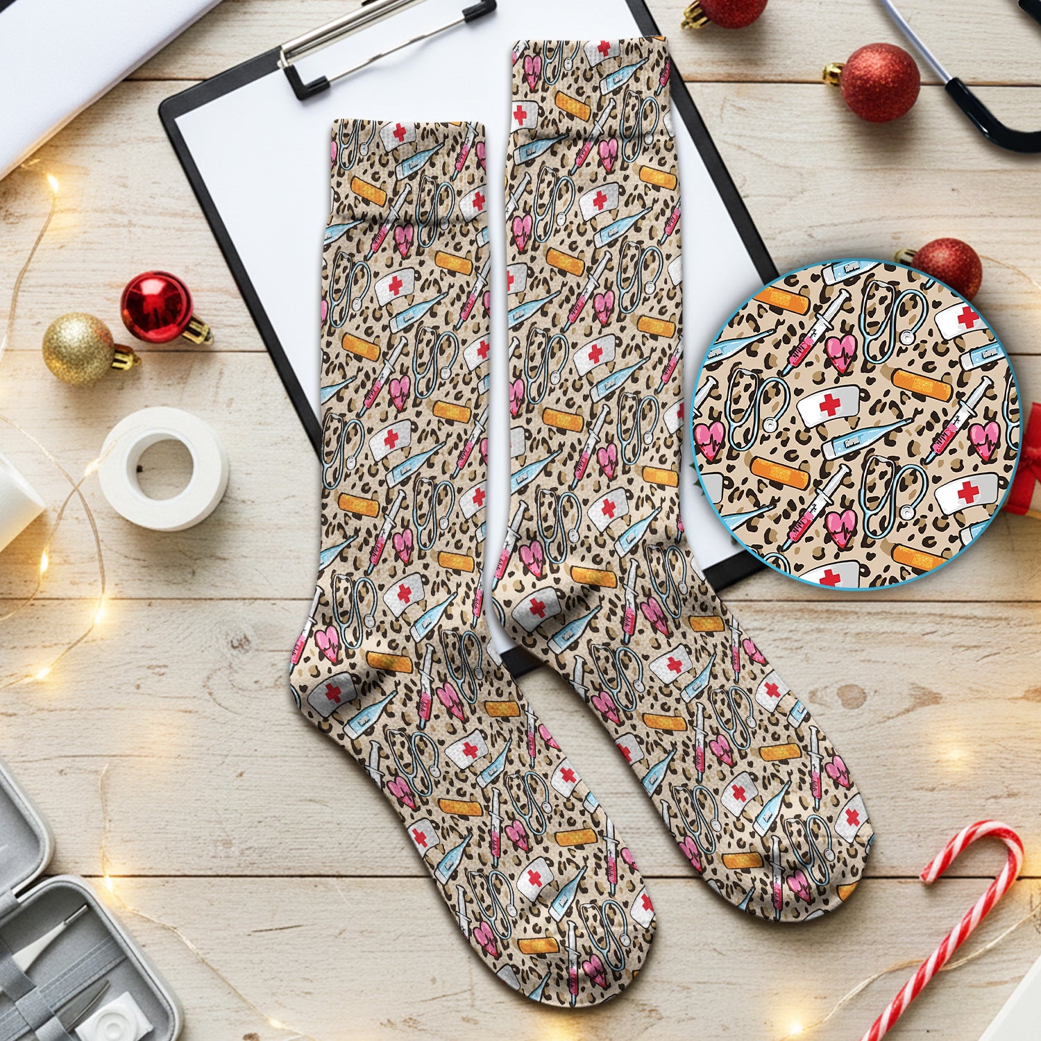 Leopard Medical Tools Pink Heart Print Socks, Socks for Nurse Doctor