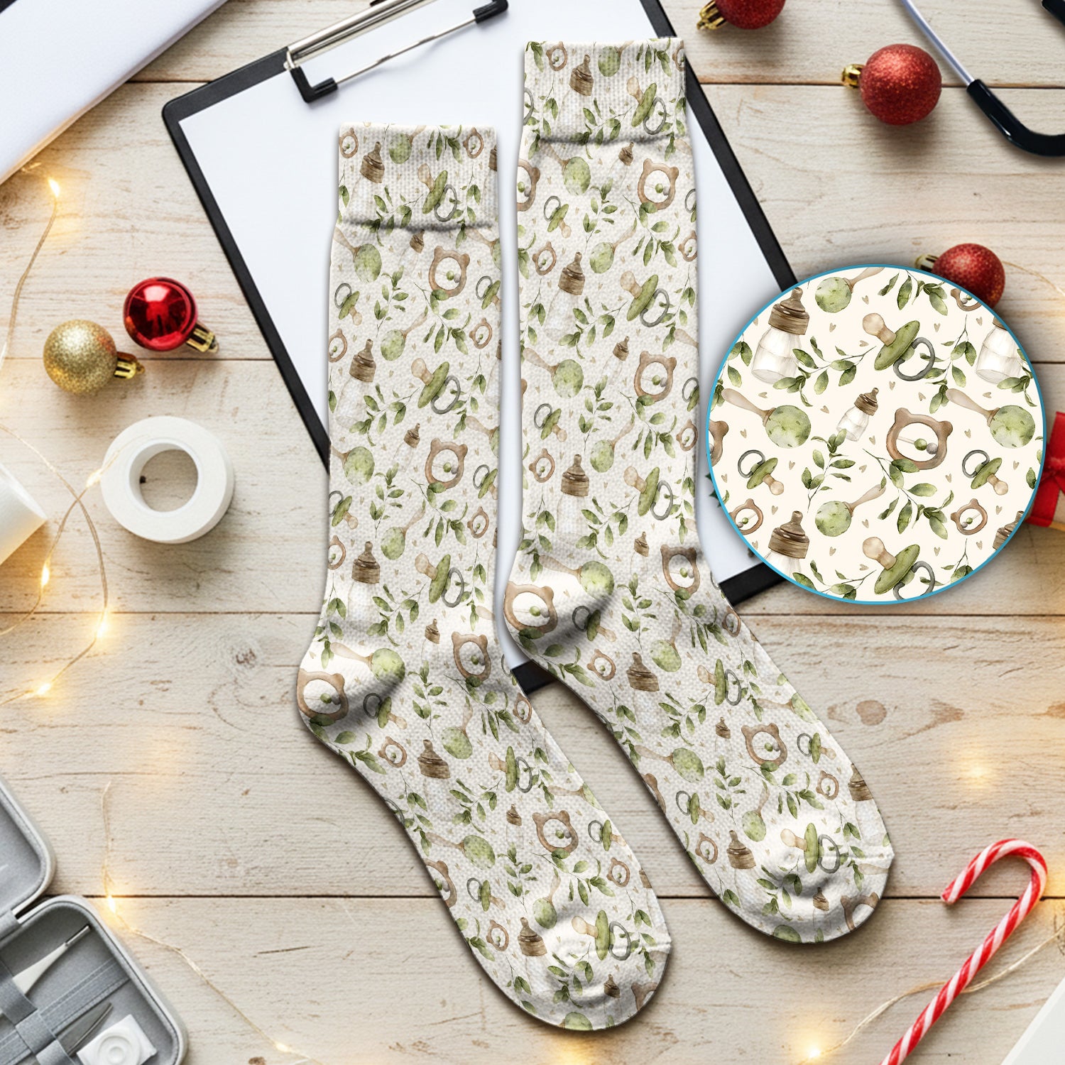 Cute Baby Bottle and Greenery Pattern Socks, Breathable Fabrics Medical Uniform