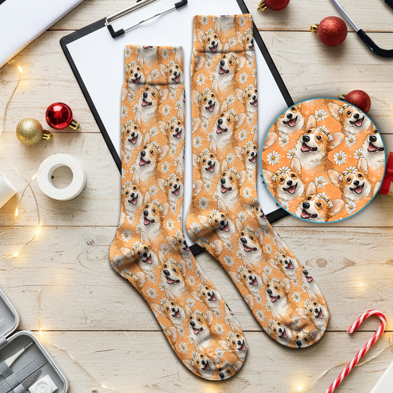 Happy Corgi Daisy Floral Pattern Orange Socks, Socks for Nurse Doctor