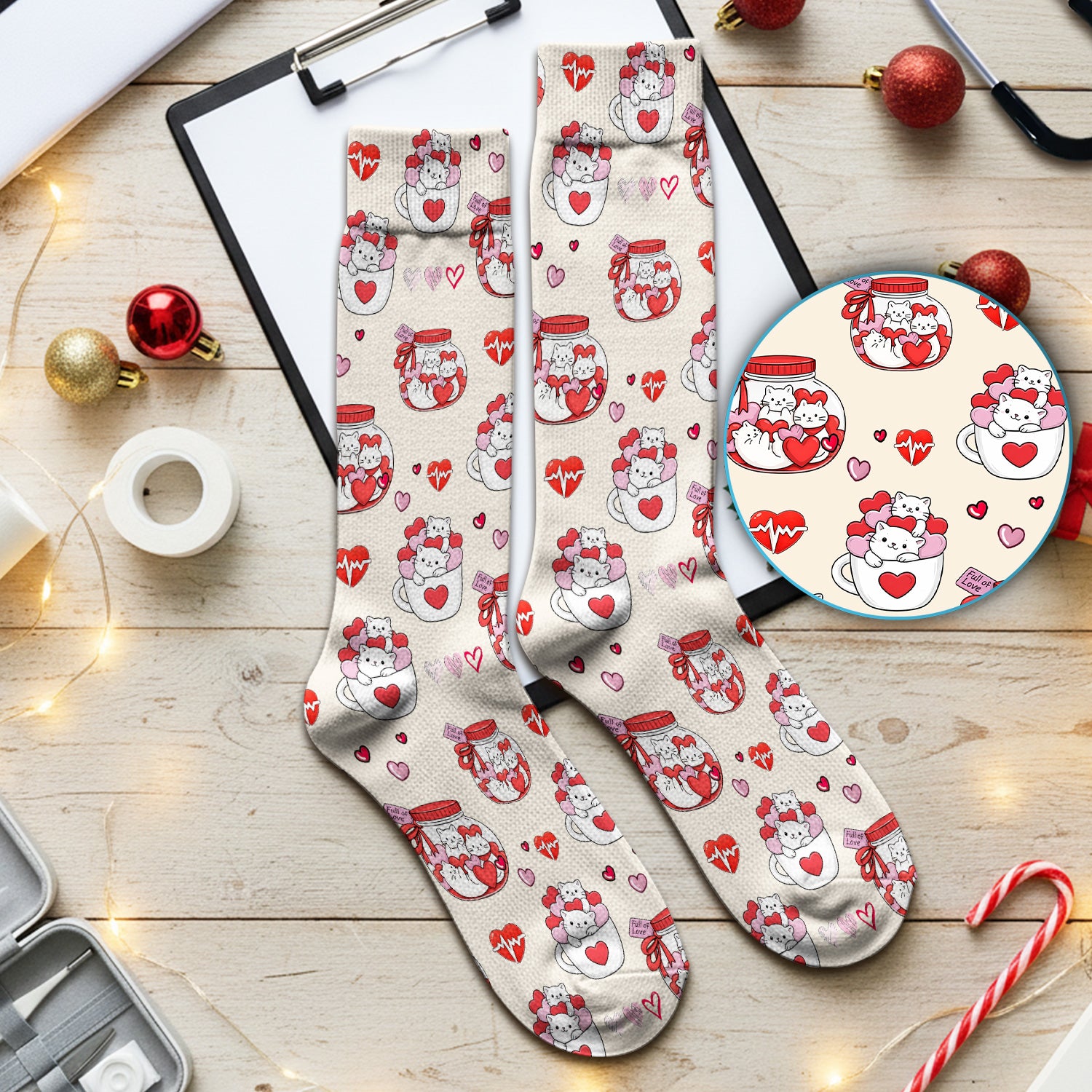 Cute Cat Valentine Nurse Socks, Socks for Nurse Doctor Breathable Fabric