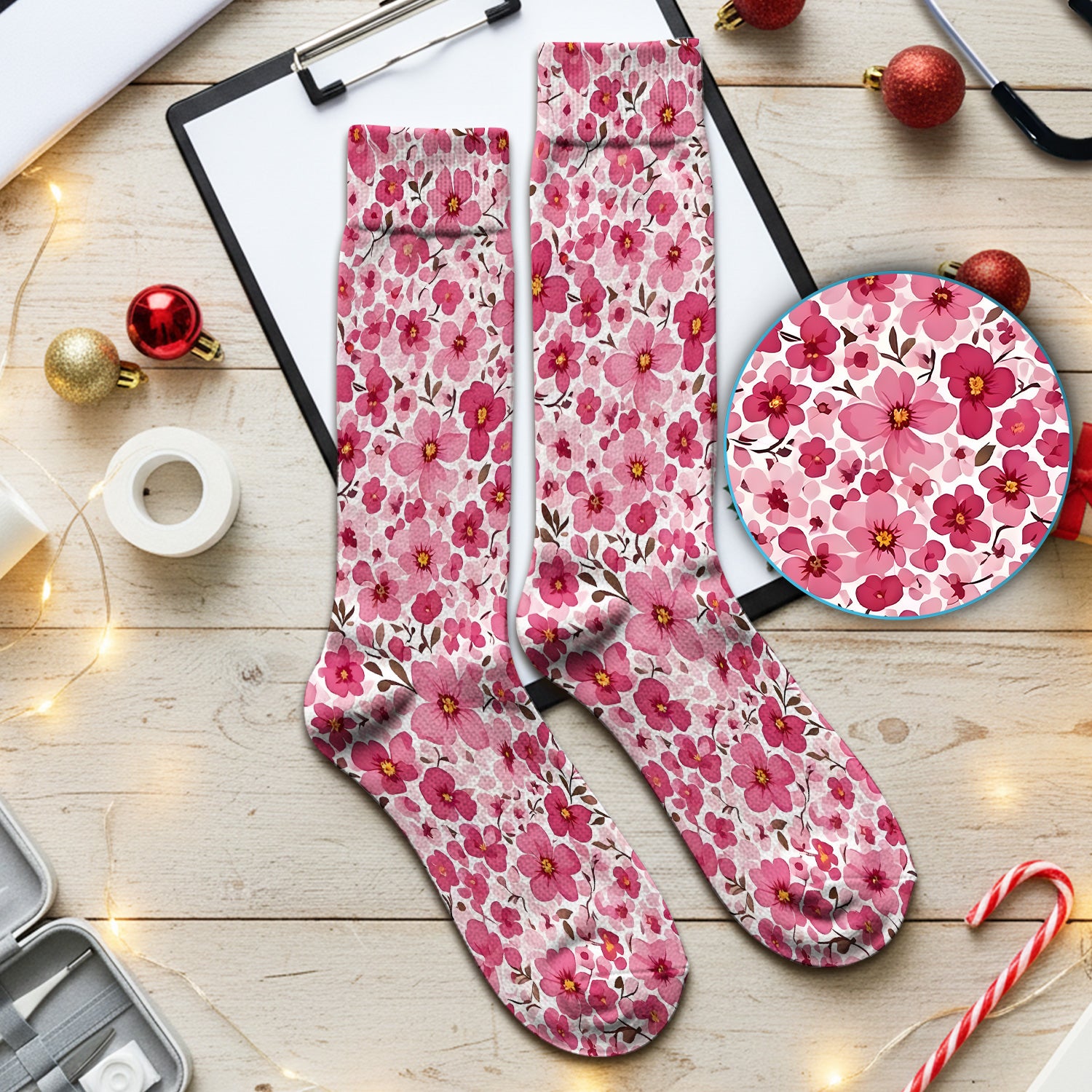 Pink Cherry Blossom Floral Pattern Socks, Cute Medical Staff Socks
