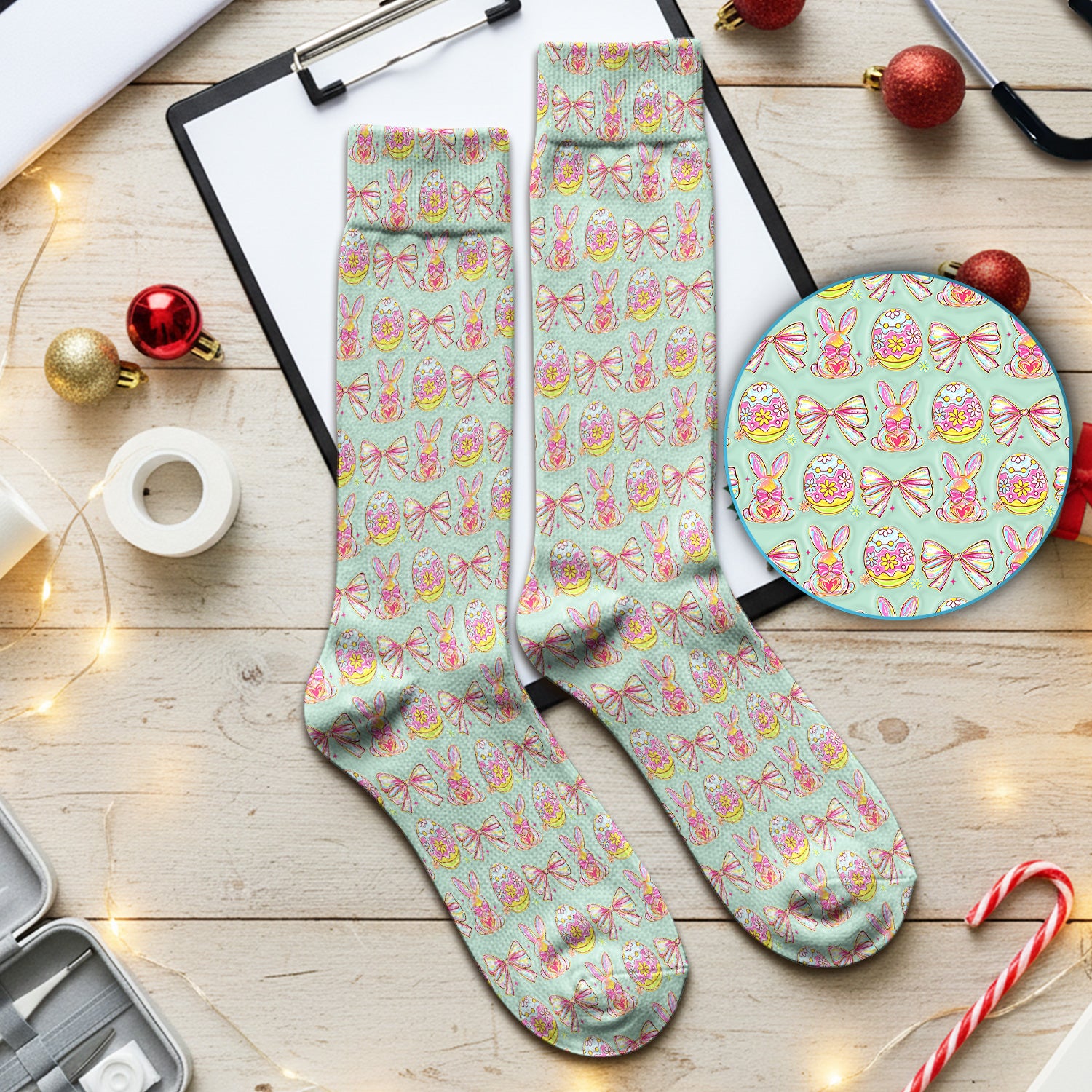 Easter Bunny Pastel Egg Bow Pattern Socks, Breathable Fabrics Medical Uniform