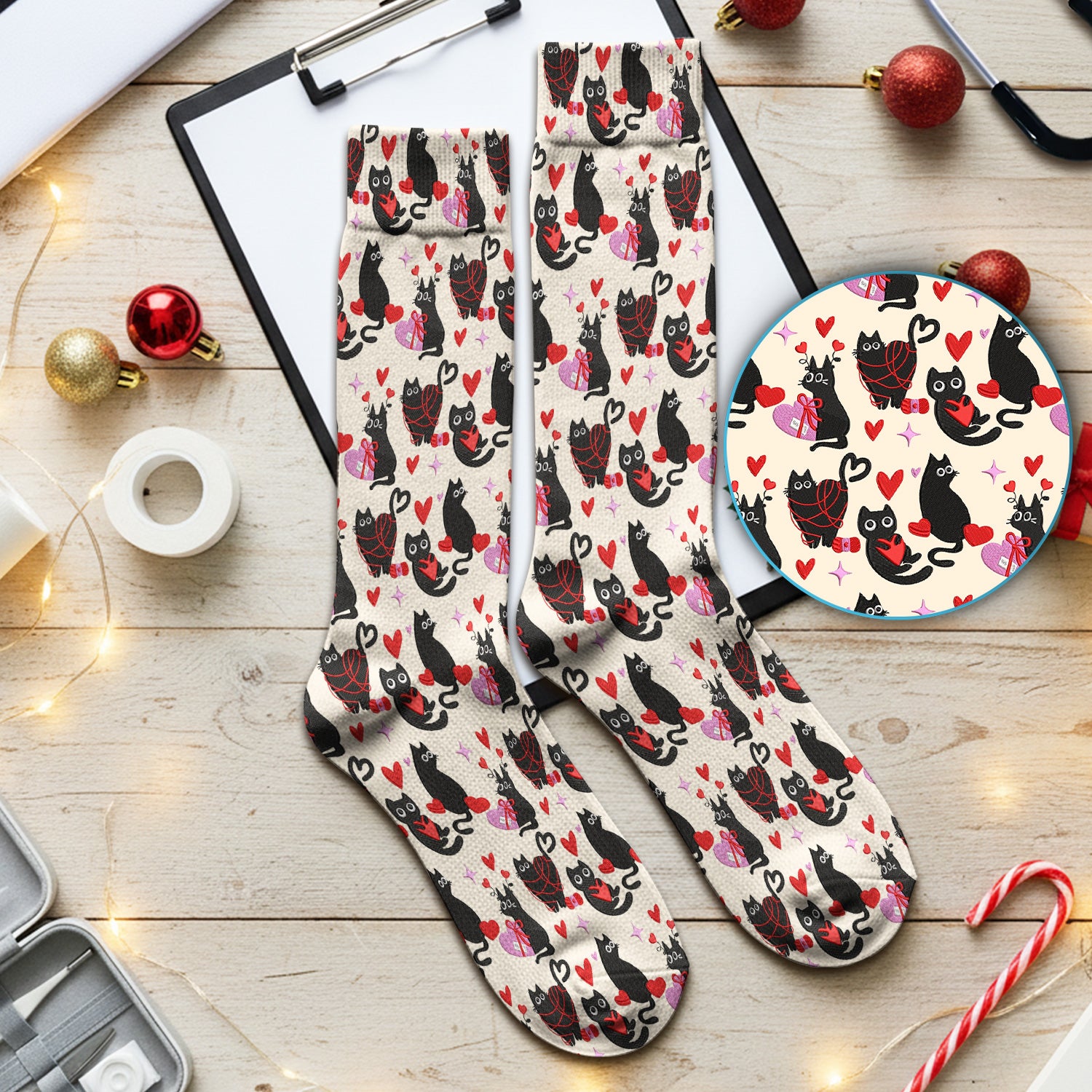 Valentine’s Day Scrub Socks, Cute Black Cat With Heart Pattern Nurse Sock, Breathable Fabrics Nursing Uniform