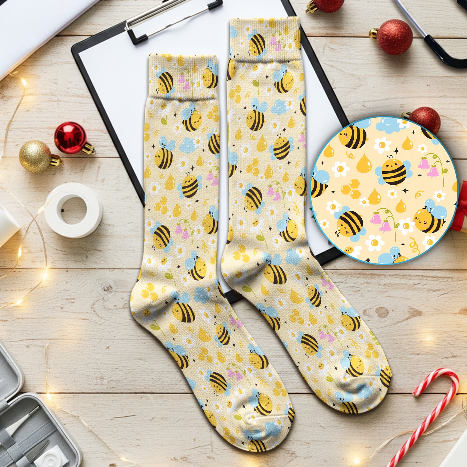 Honey Bee Flower Cloud Pattern Socks, Adult Socks for Men and Women