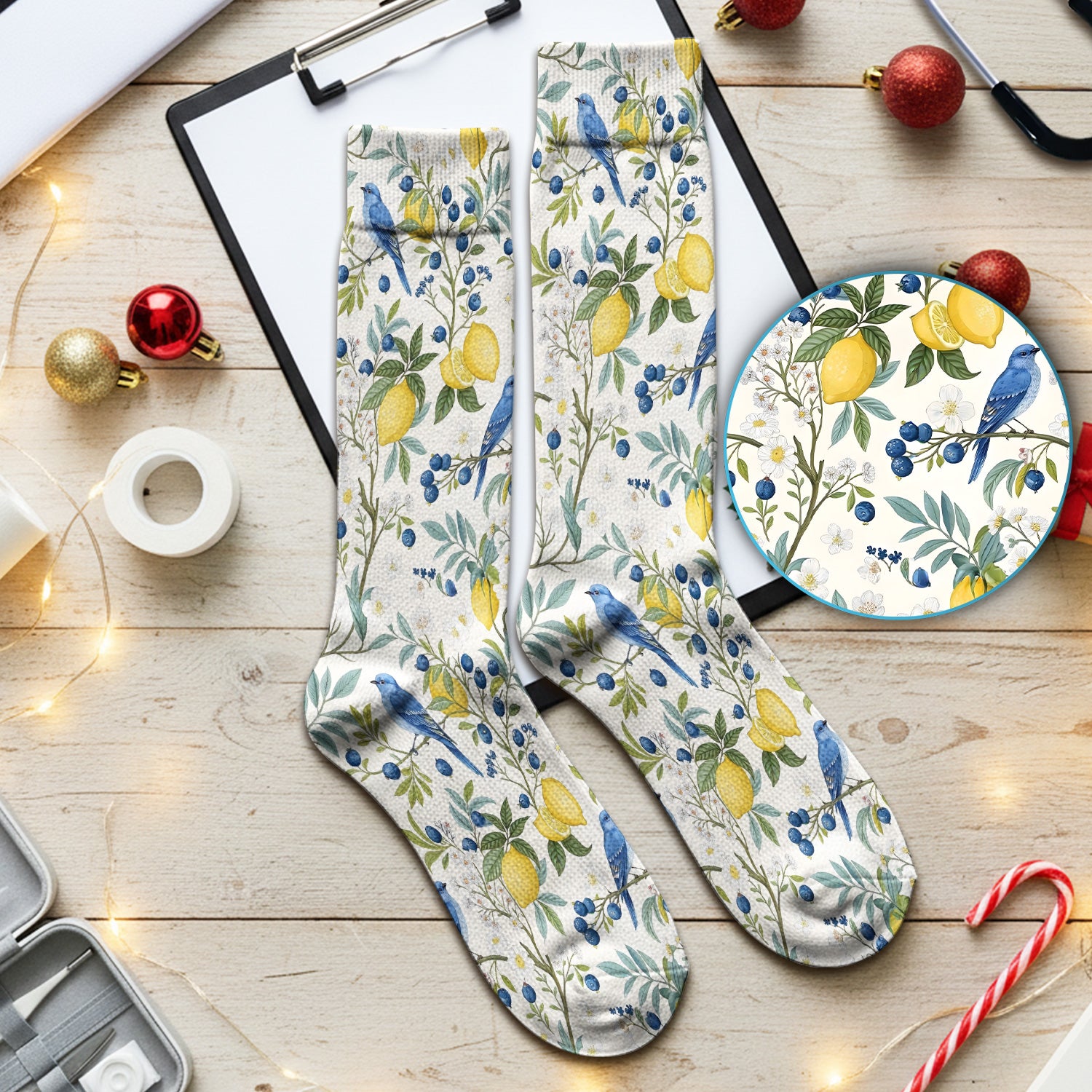 Cute Bluebird Lemon Berry Pattern Socks, Adult Socks for Men and Women
