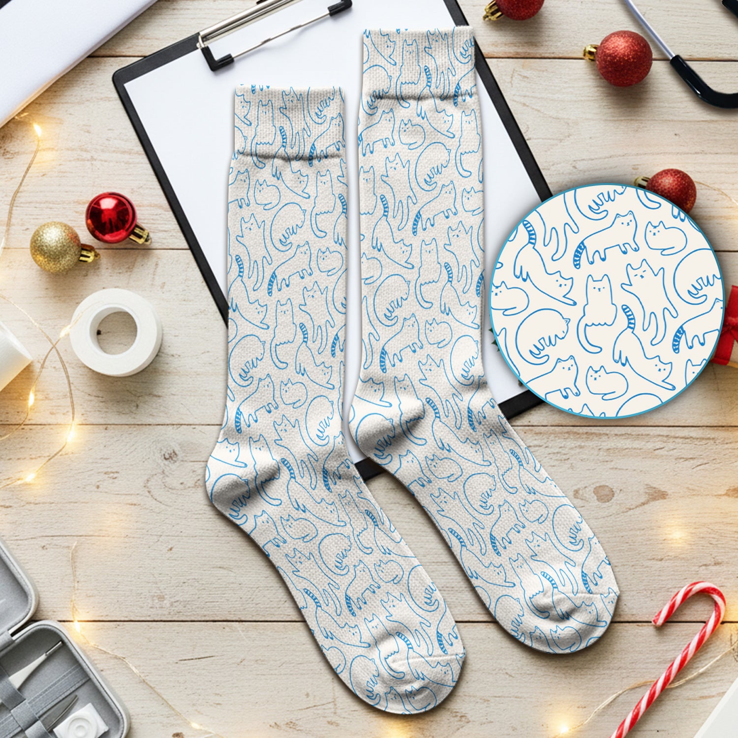 Artistic Cat Pattern Medical Scrub Socks, Breathable Fabrics Nursing Uniform