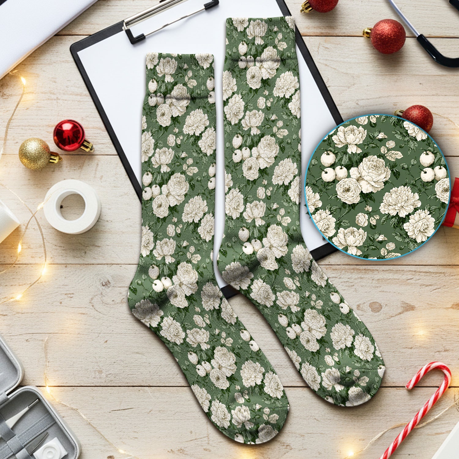 Elegant White Rose Garden Pattern Socks, Adult Socks for Men and Women