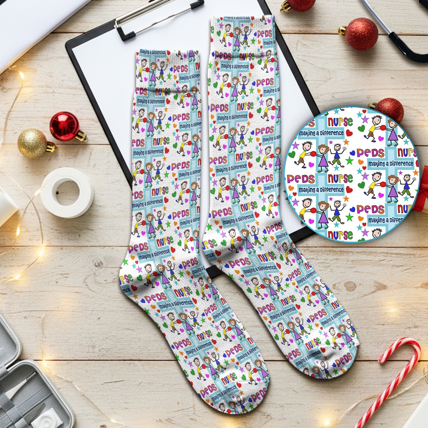 Peds Nurse Making A Difference Pattern Socks, Cute Medical Staff Socks
