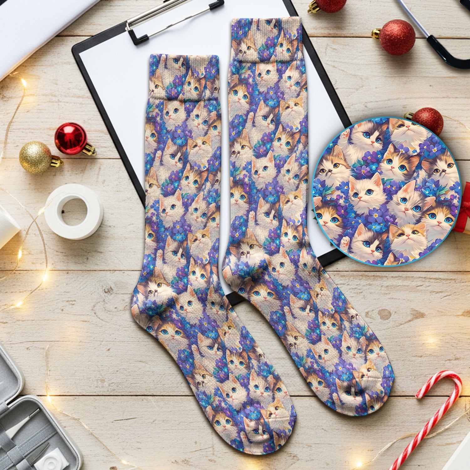 Cute Blue Eyed Kitten Pattern Socks, Adult Socks for Men and Women