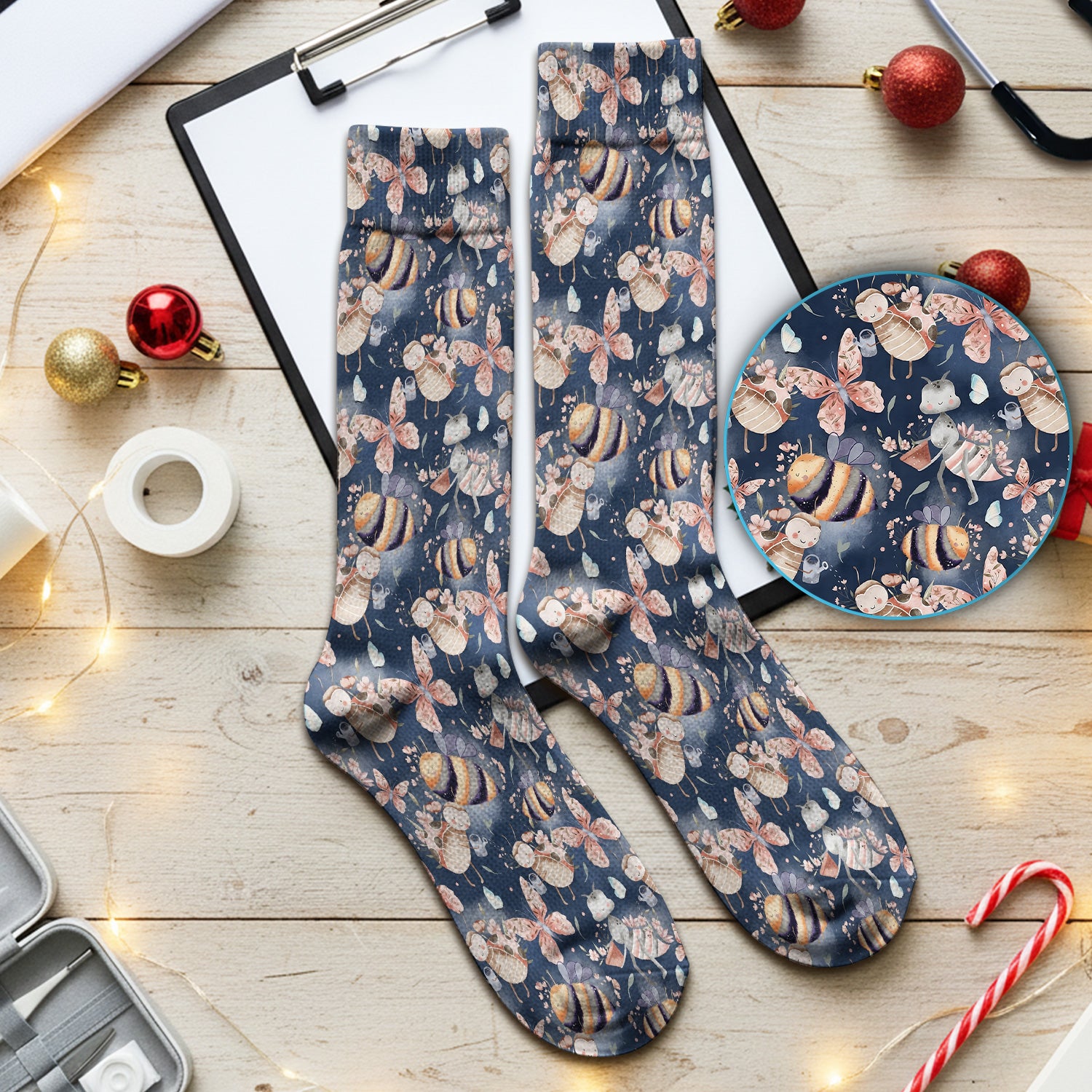 Cute Whimsical Bee Fairy Garden Pattern Socks, Adult Socks for Men and Women