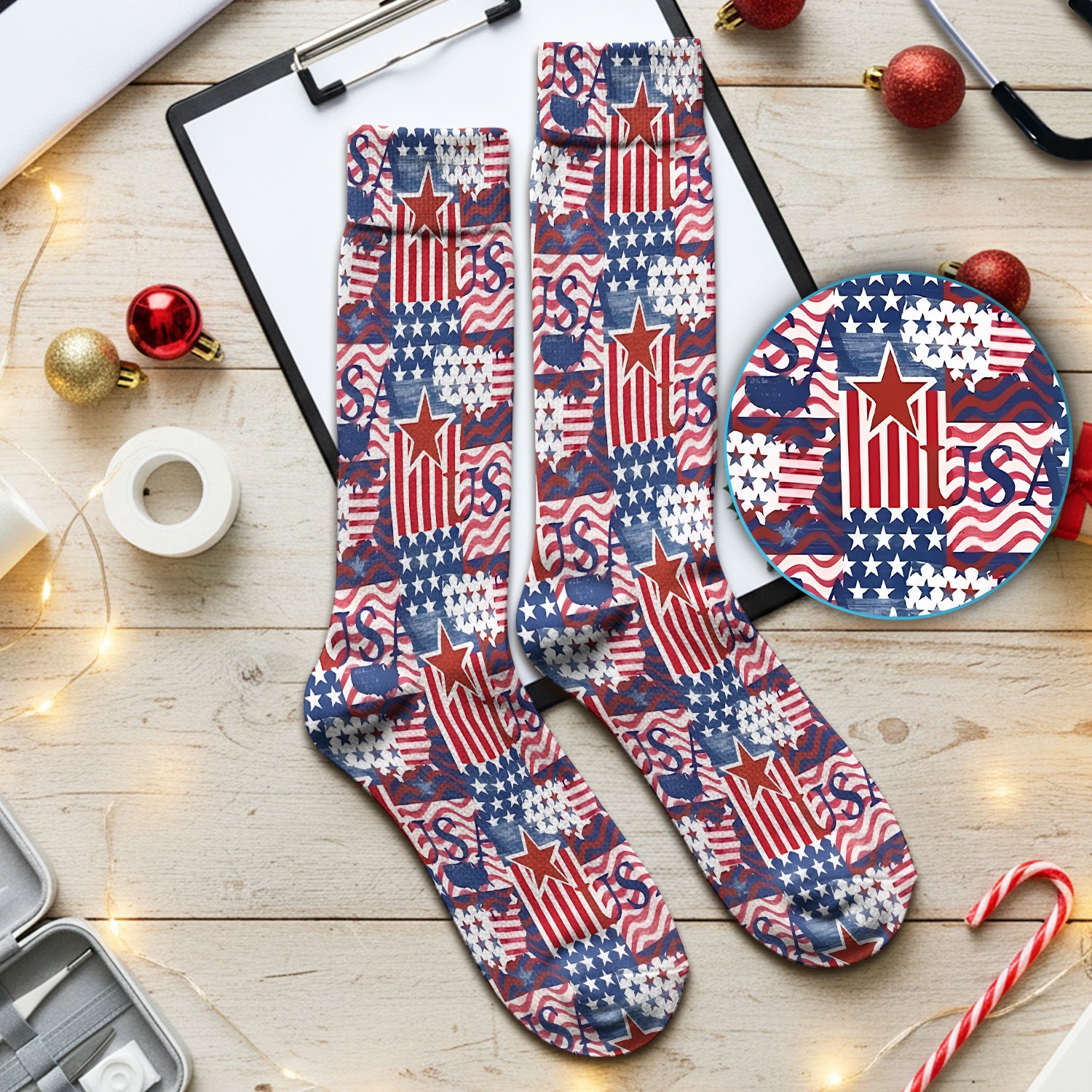 Patriotic USA Star Patchwork Pattern Socks, Adult Socks for Men and Women