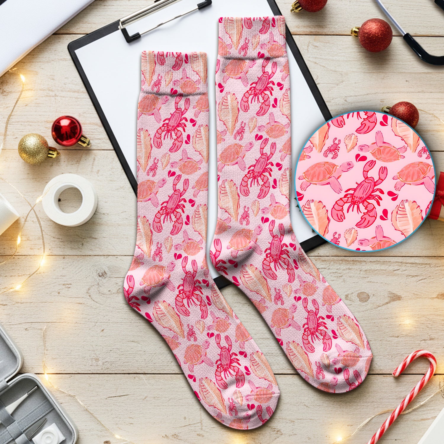 Pink Sea Turtle Lobster Shell Pattern Socks, Breathable Fabrics Medical Uniform