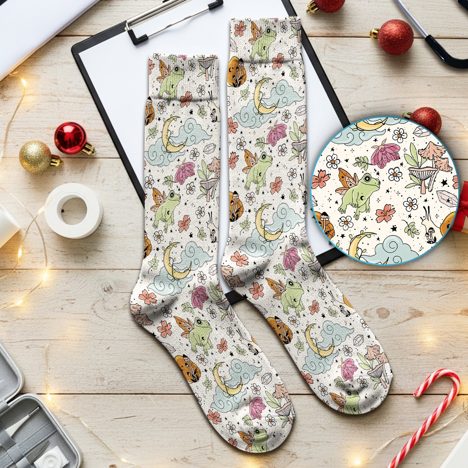 Whimsical Frog Moon Mushroom Pattern Socks, Breathable Fabrics Medical Uniform