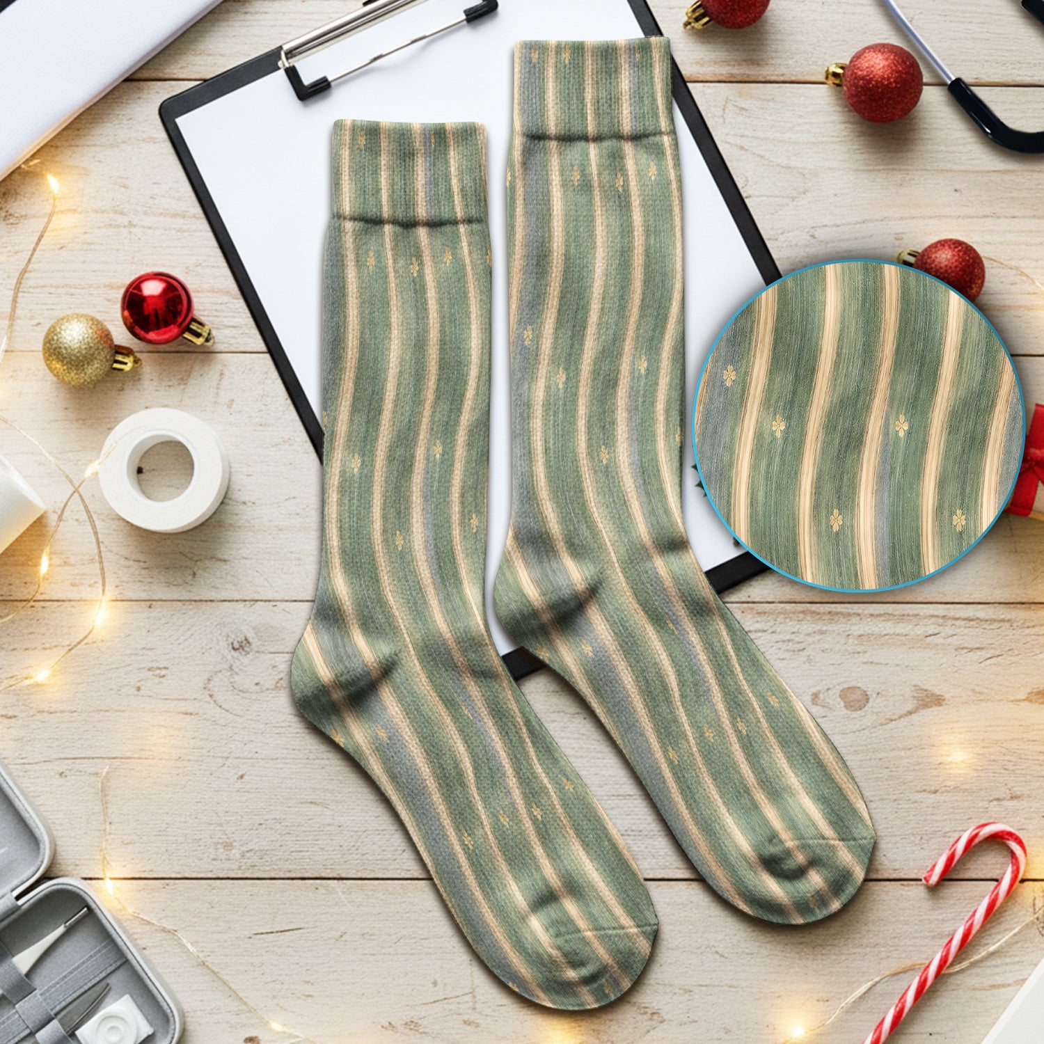 Charming Nurse Green Vertical Stripe Small Floral Pattern Nurse Socks, Socks for Nurse Doctor