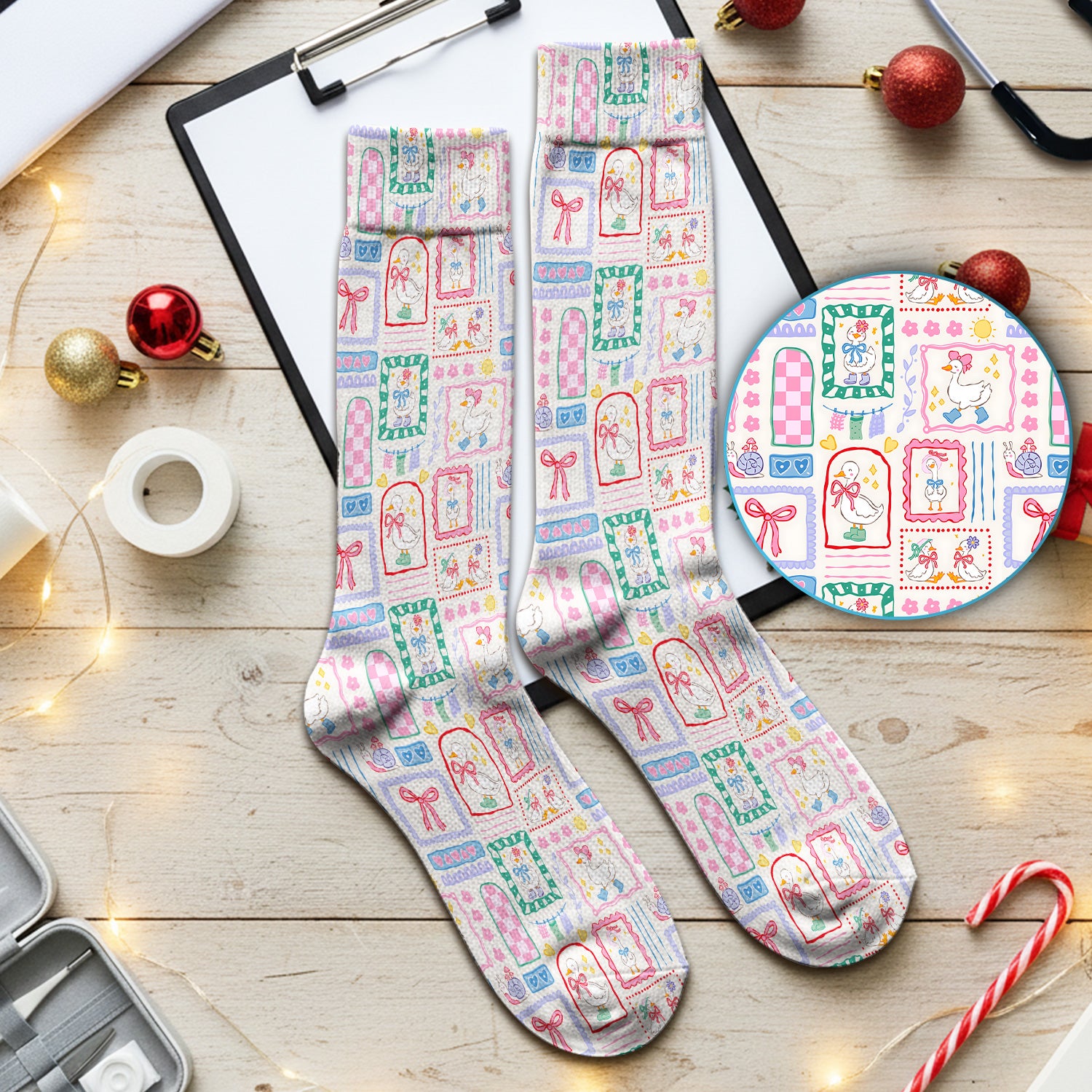Adorable Nurse Goose Ribbon Patchwork Frame Pattern Socks, Adult Socks for Men and Women