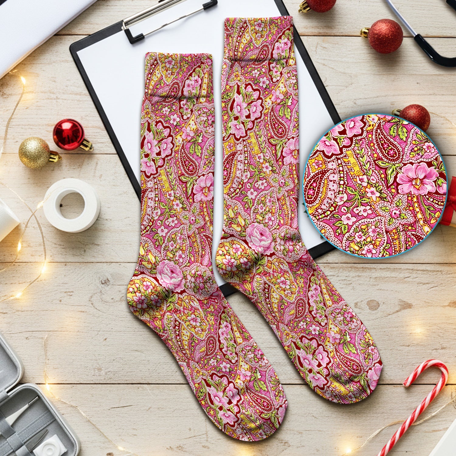 Pink Floral Paisley Blossom Print Nurse Socks, Socks for Nurse Doctor