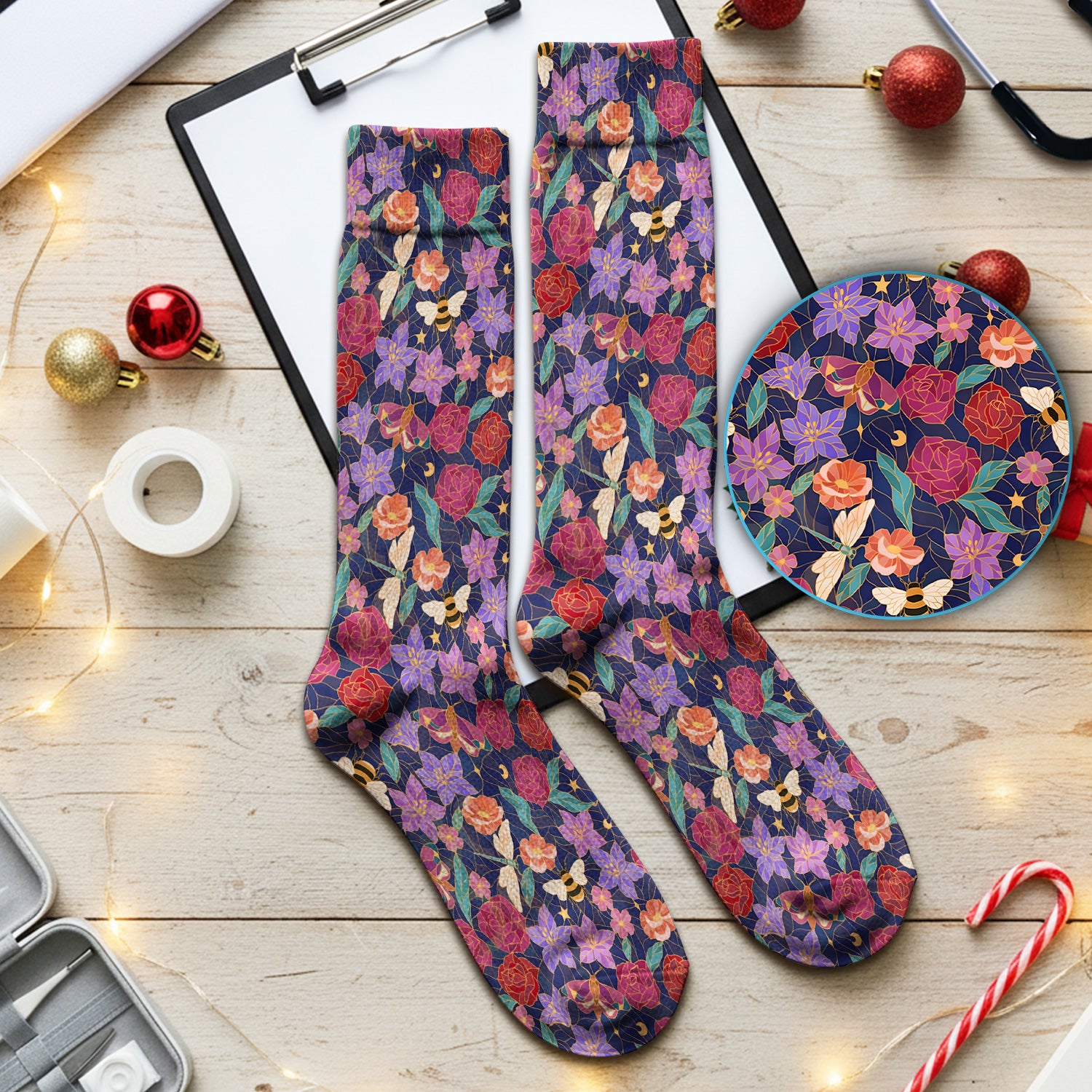 Charming Floral Garden With Bees And Dragonflies Socks, Adult Socks for Men and Women