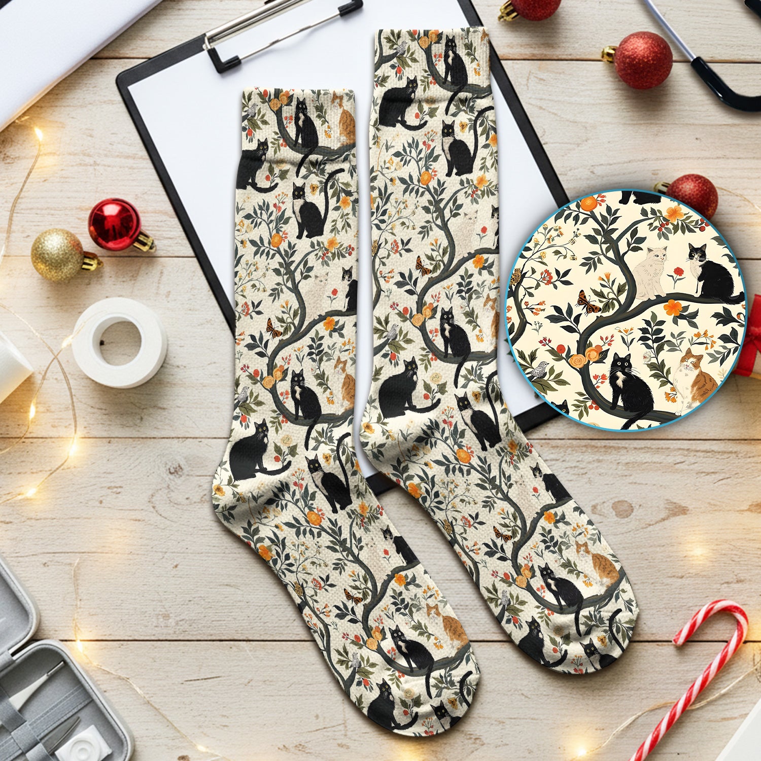 Vintage Black Cat Floral Pattern Socks, Adult Socks for Men and Women