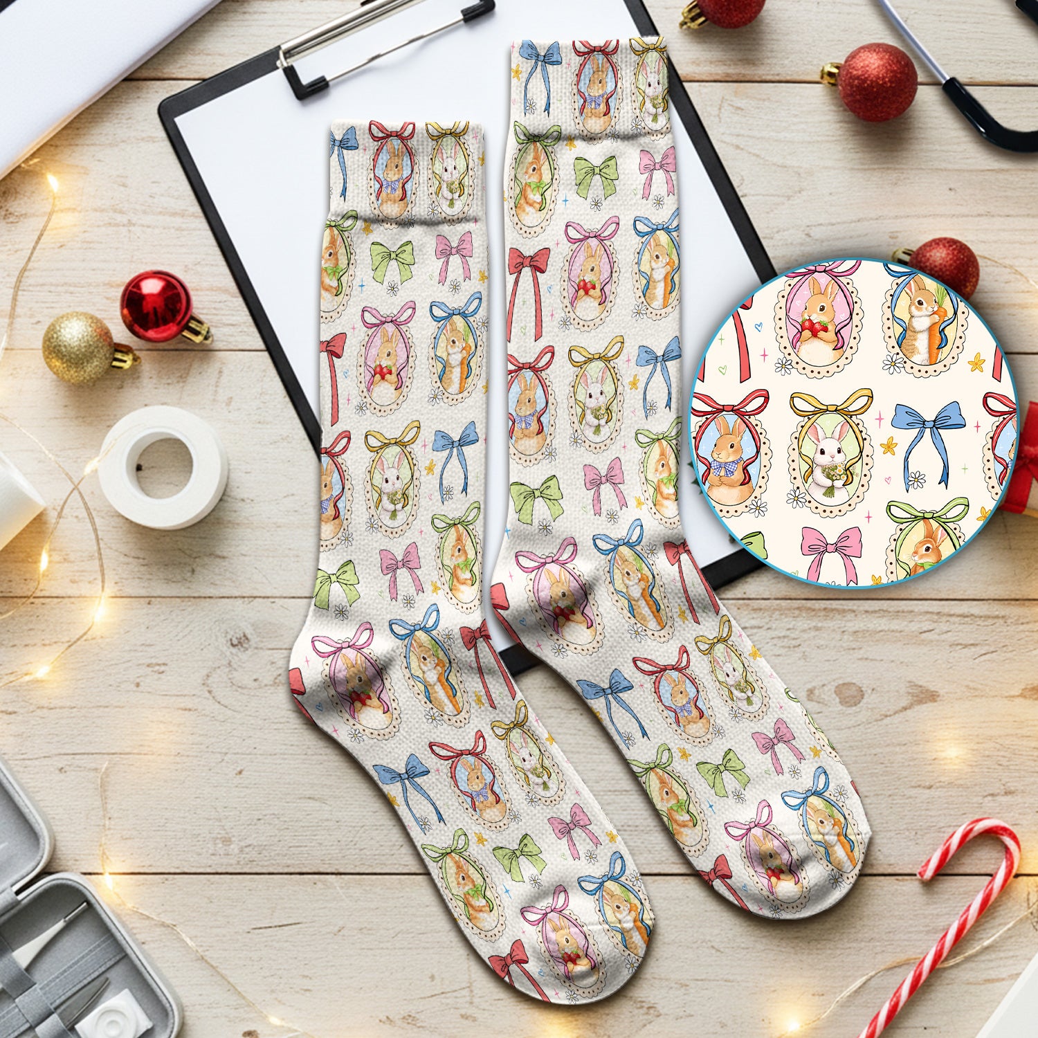 Cute Easter Bunny Cameo Colorful Bow Patternl Socks, Socks for Nurse Doctor