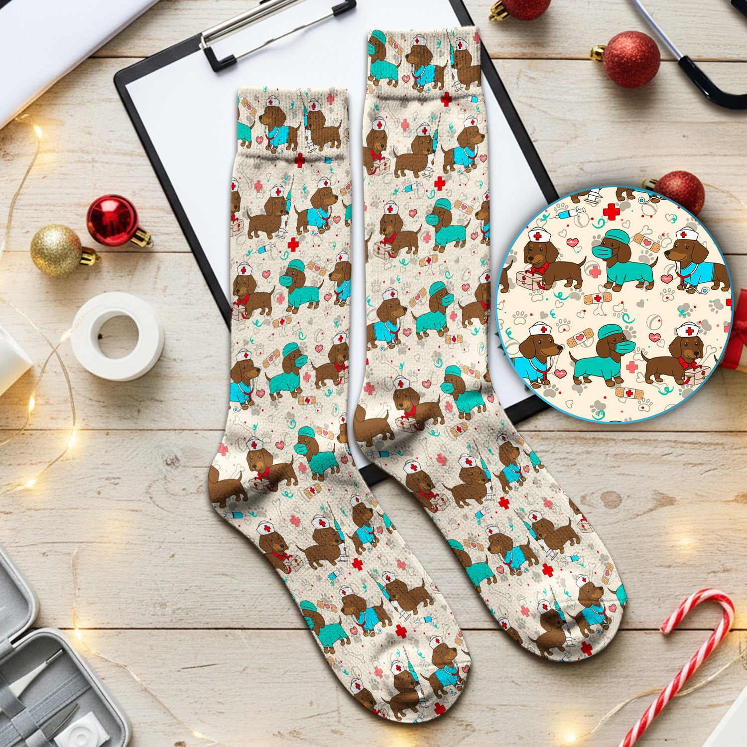 Cute Wiener Dog Dachshund Nurse Scrub Socks, Funny Dachshund Dog Scrubs Sock, Breathable Fabrics Nursing Uniform