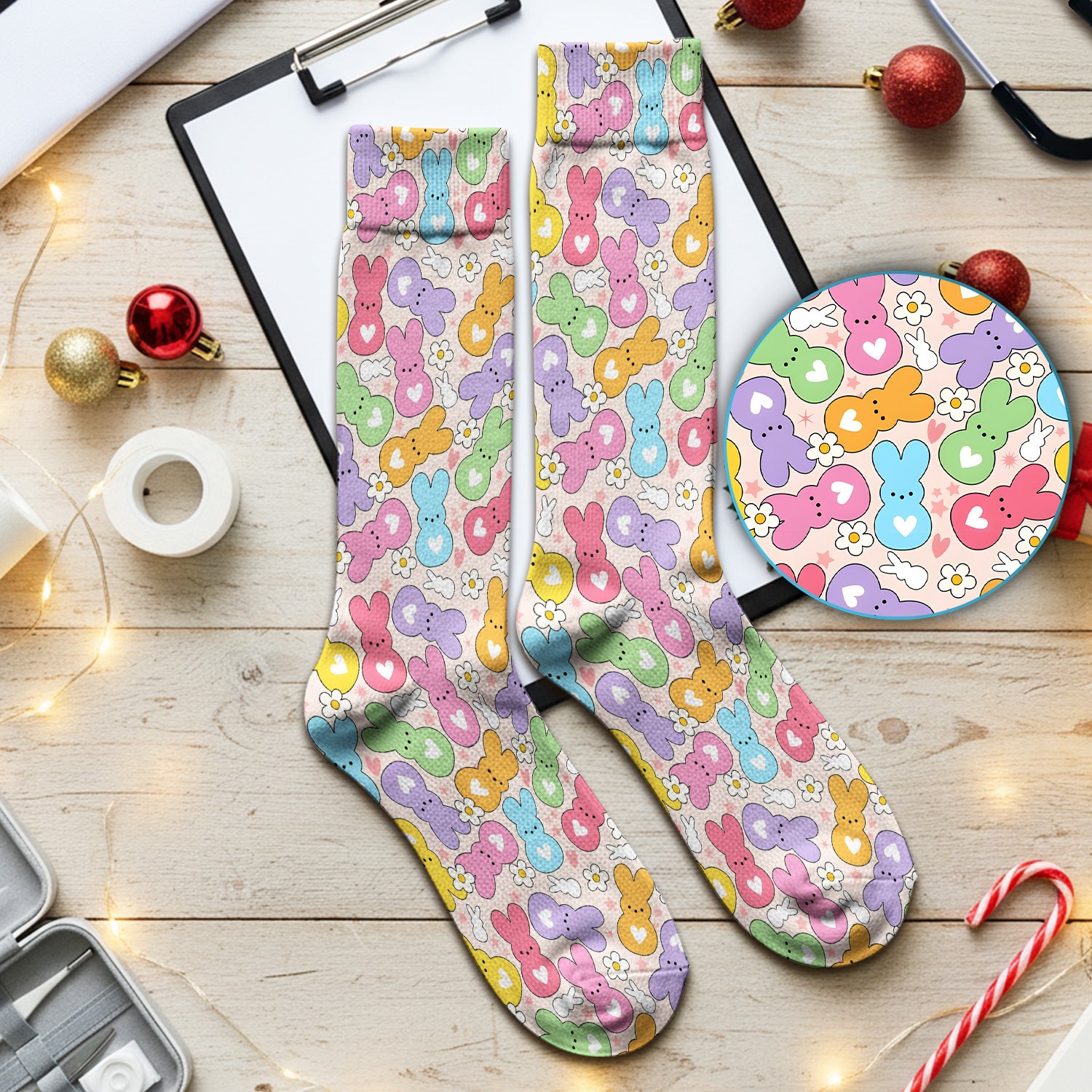 Sweet Pastel Bunny Daisy Pattern Socks, Adult Socks for Men and Women