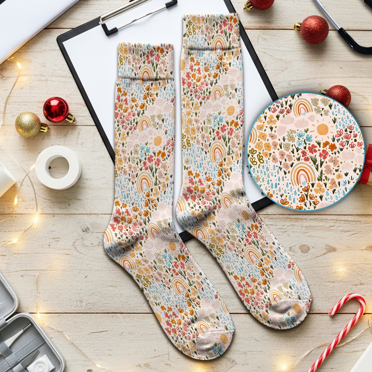 Cute Wildflower Meadow With Rainbow Sun And Raindrops Socks, Adult Socks for Men and Women