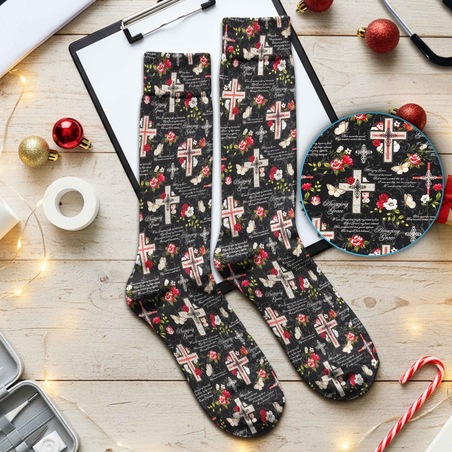 Christian Cross Roses And Butterflies Print Socks, Adult Socks for Men and Women
