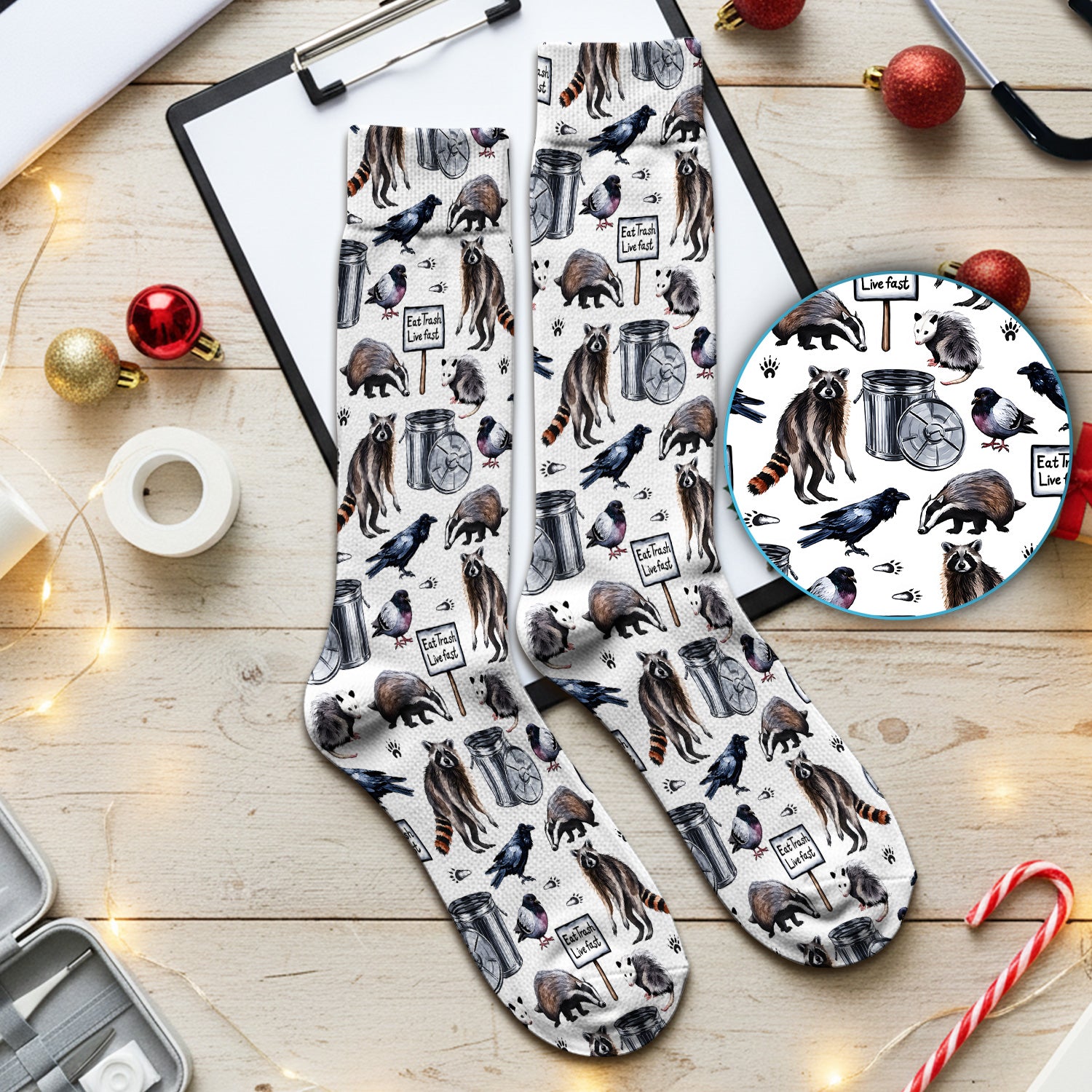 Raccoon And Opossum Eat Trash Live Fast Pattern Socks, Adult Socks for Men and Women