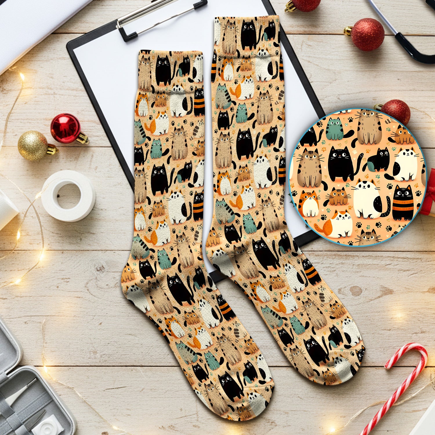 Cat Parade Doodle Pattern Socks, Breathable Fabrics Medical Uniform