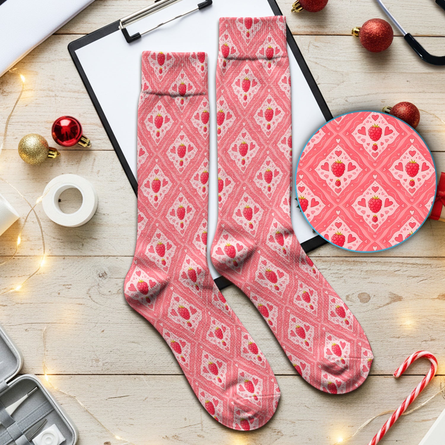 Sweet Red Cherry Gingham Pattern Socks, Cute Medical Staff Socks