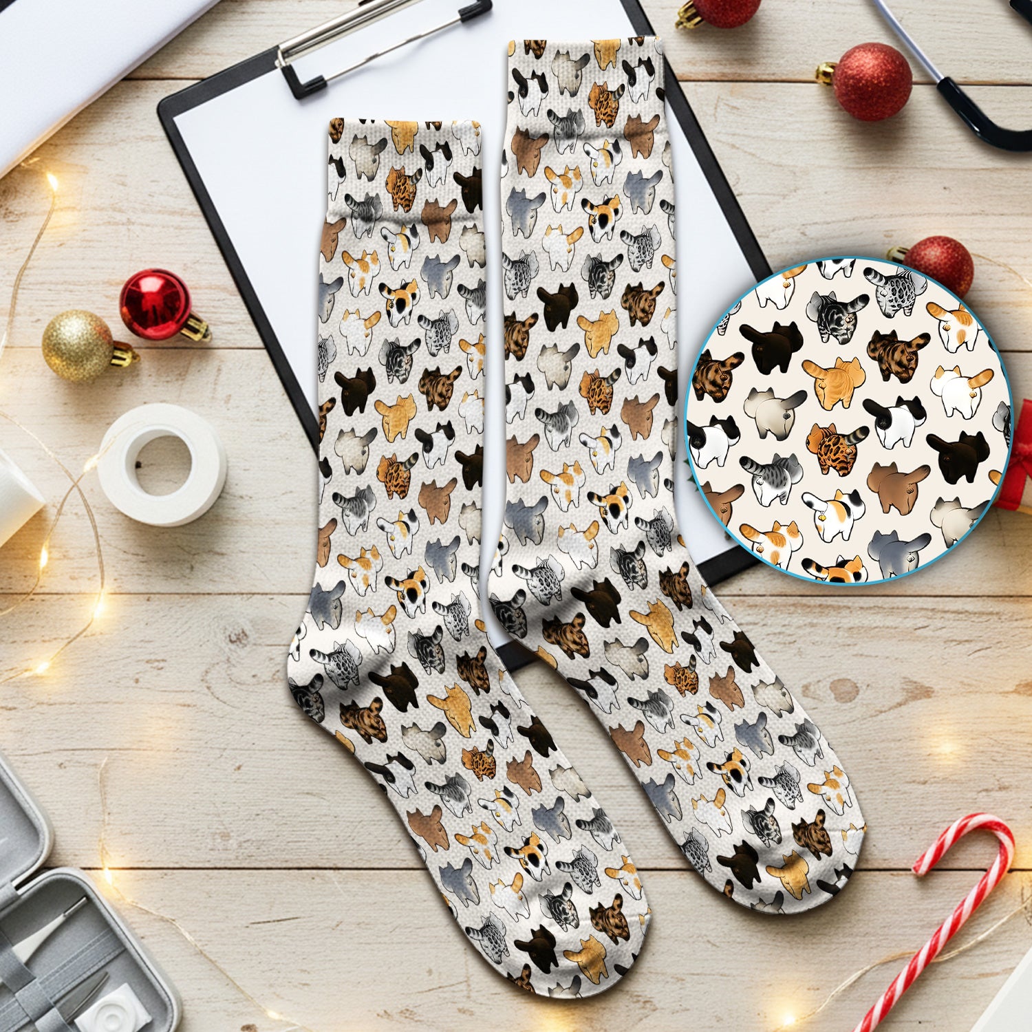 Cat Butt Pattern Medical Scrub Socks, Breathable Fabrics Nursing Uniform