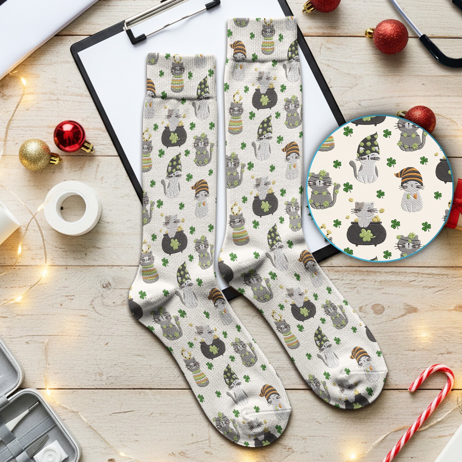 St. Patrick’s Day Scrub Socks, Lucky Cat With Shamrock Pattern Sock, Breathable Fabrics Nursing Uniform