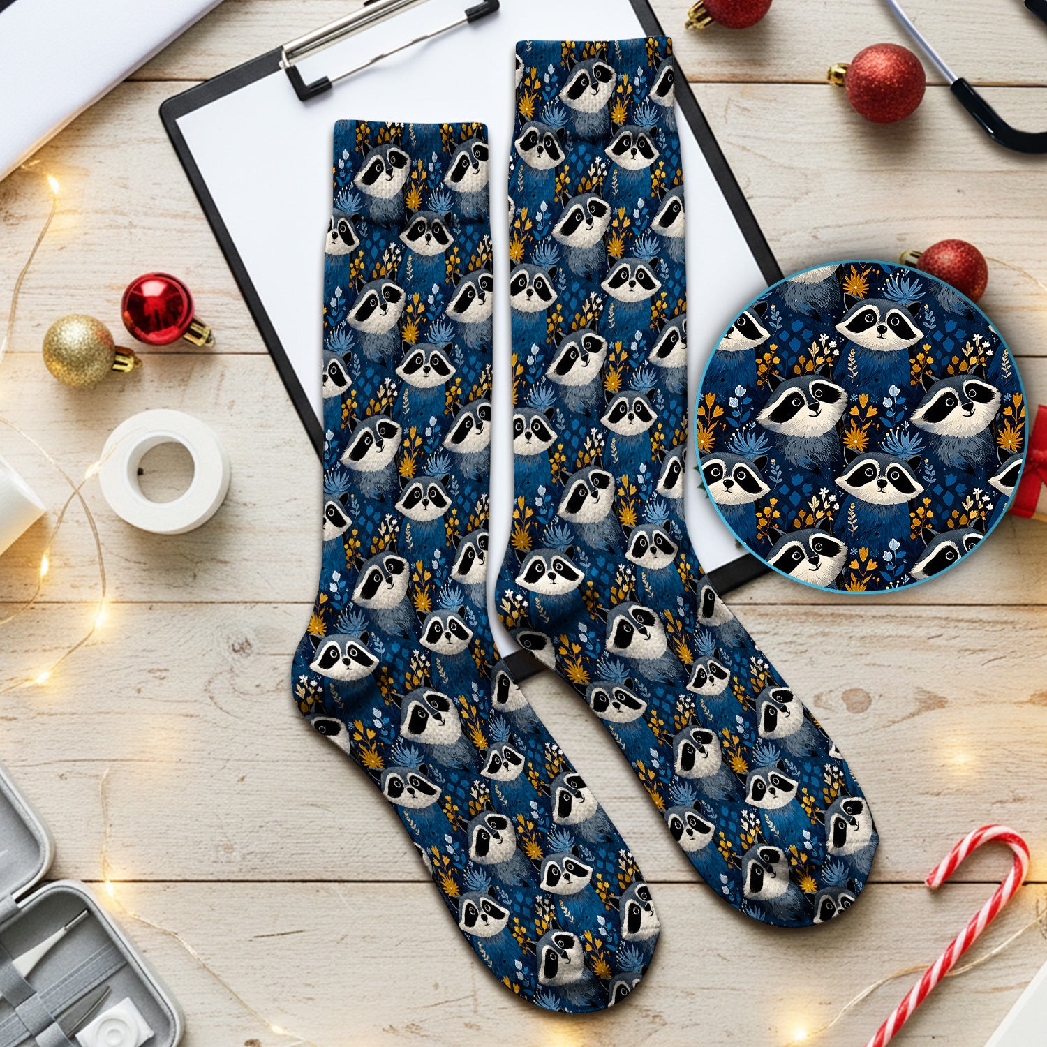 Raccoon With Blue Floral Forest Pattern Socks, Adult Socks for Men and Women