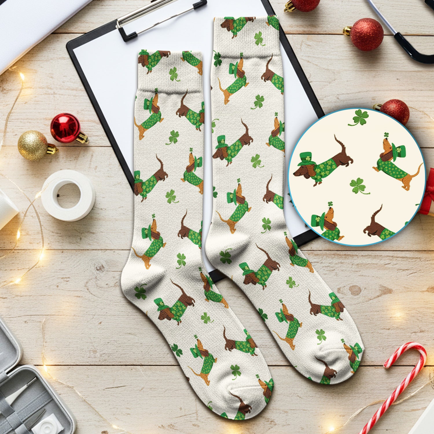 St. Patrick’s Day Dachshund Scrub Socks, Funny Wiener Dog Nurse Sock, Breathable Fabrics Nursing Uniform