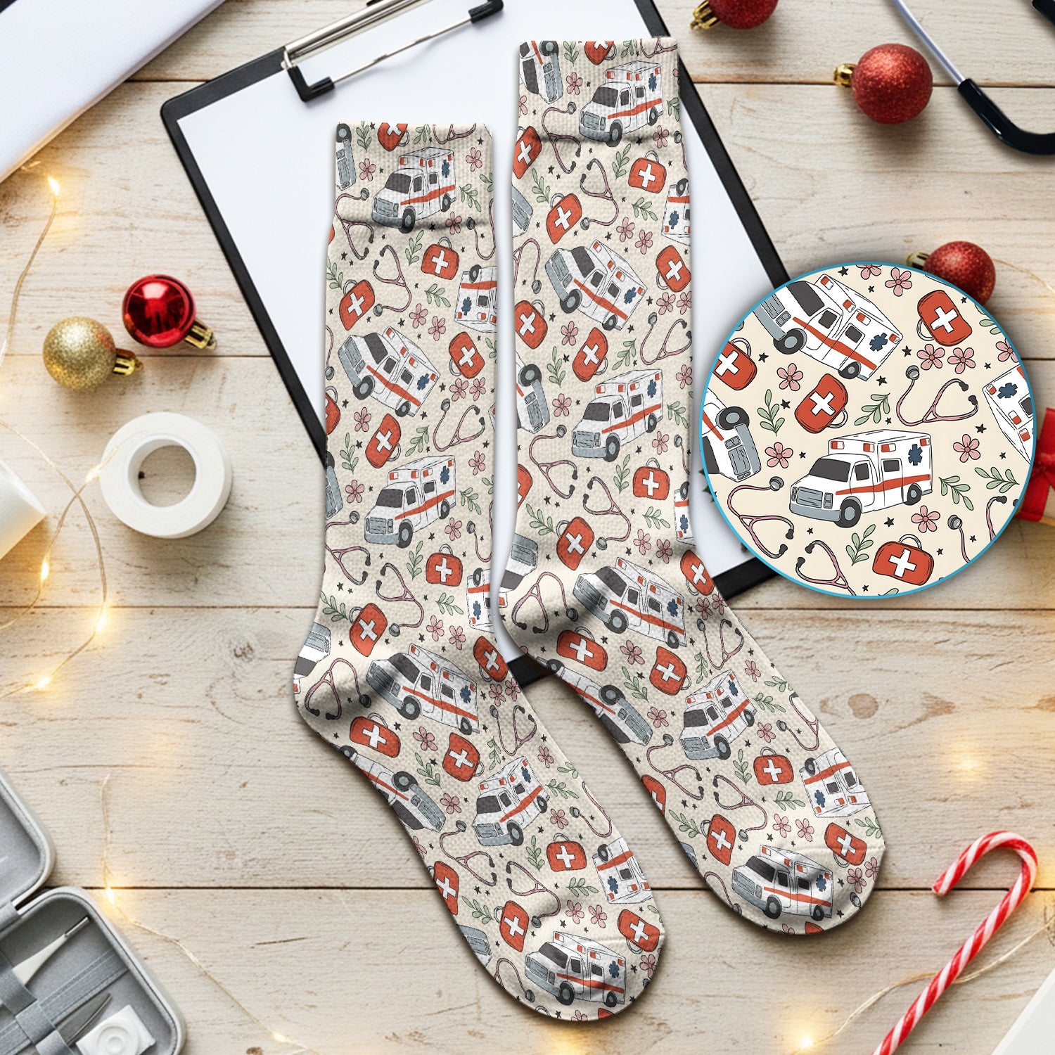 Ambulance Stethoscope First Aid Floral Pattern Socks, Adult Socks for Men and Women