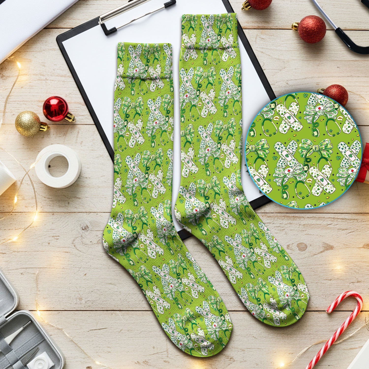 St Patrick Shamrock Stethoscope Bow Print Socks, Socks for Nurse Doctor
