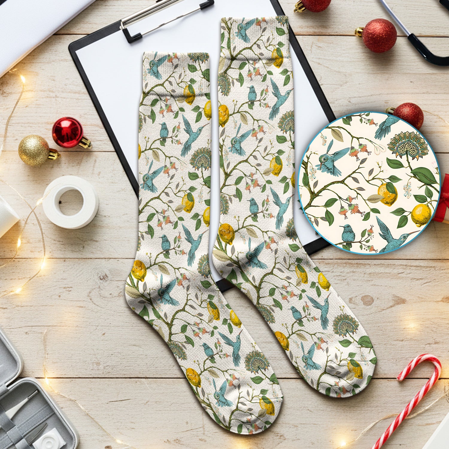 Cute Hummingbird Lemon Floral Pattern Socks, Adult Socks for Men and Women