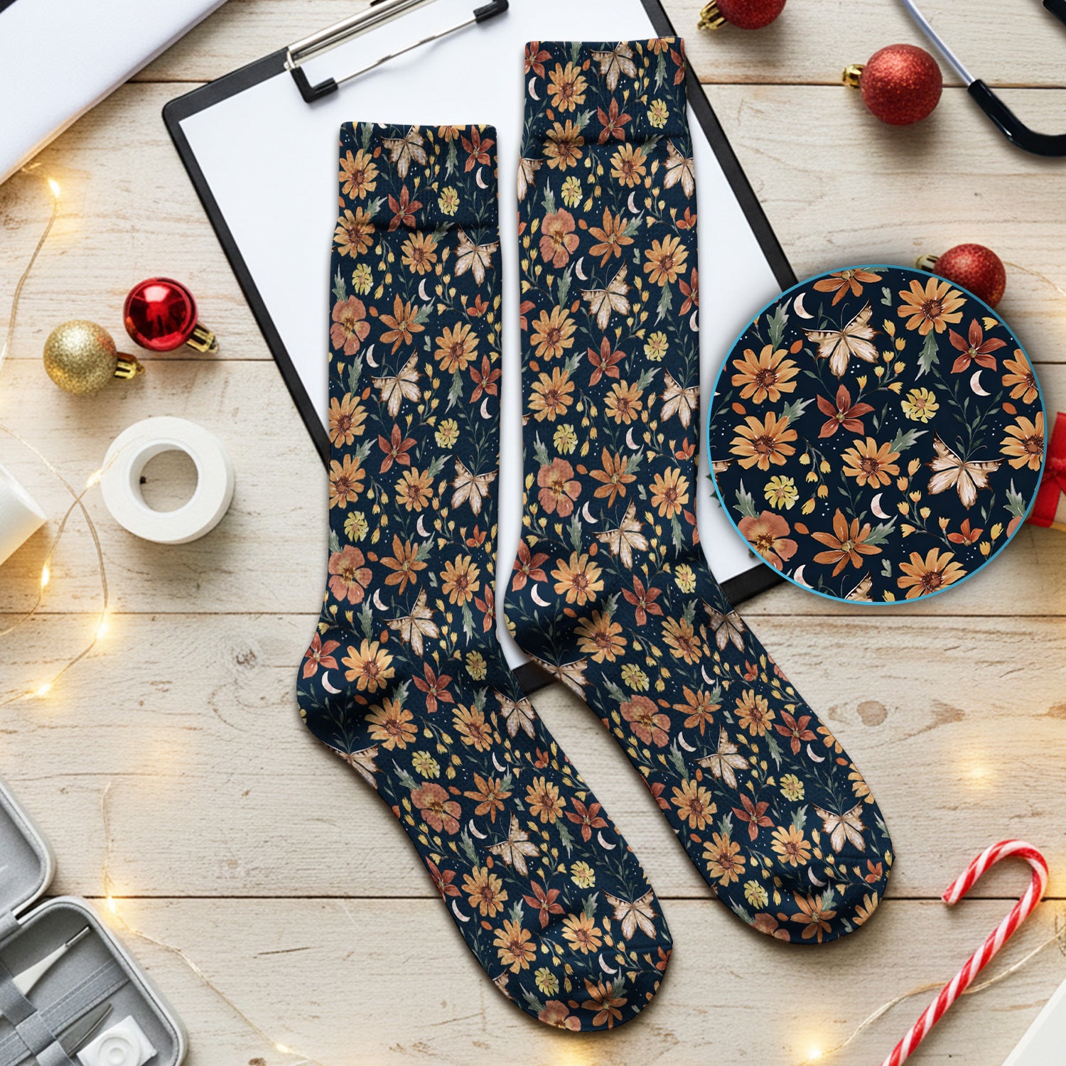 Charming Autumn Floral Butterfly Moon Pattern Socks, Adult Socks for Men and Women