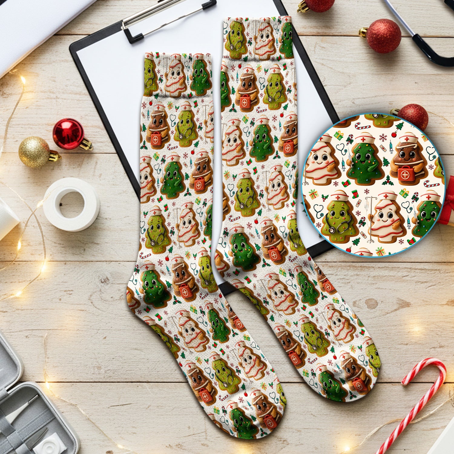 Christmas Cookie Scrub Socks – Festive Nurse & Holiday Tree Pattern – Cute Medical Uniform for Nurses, Vets and Healthcare Workers