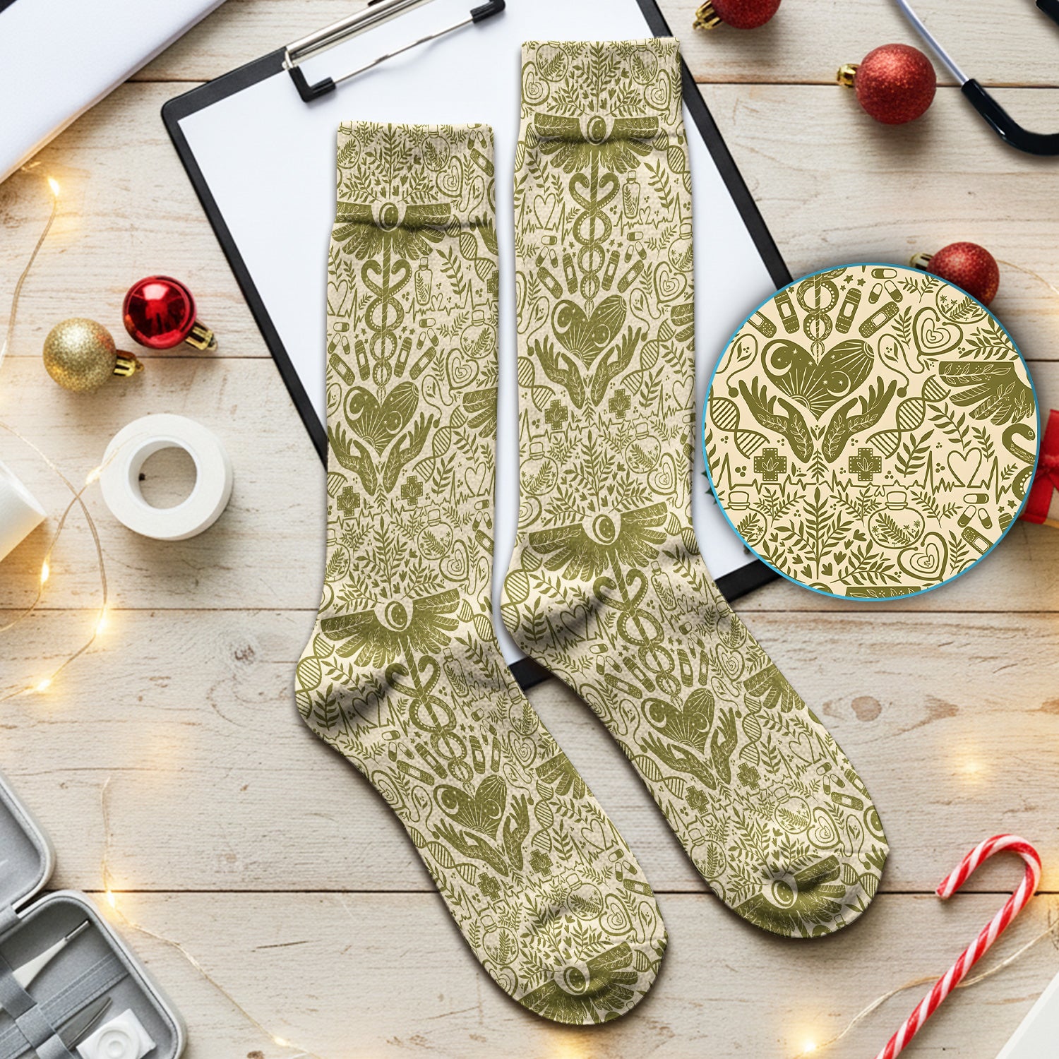Inspirational Botanical Medical Caduceus Heart Nurse Pattern Socks, Breathable Fabrics Medical Uniform