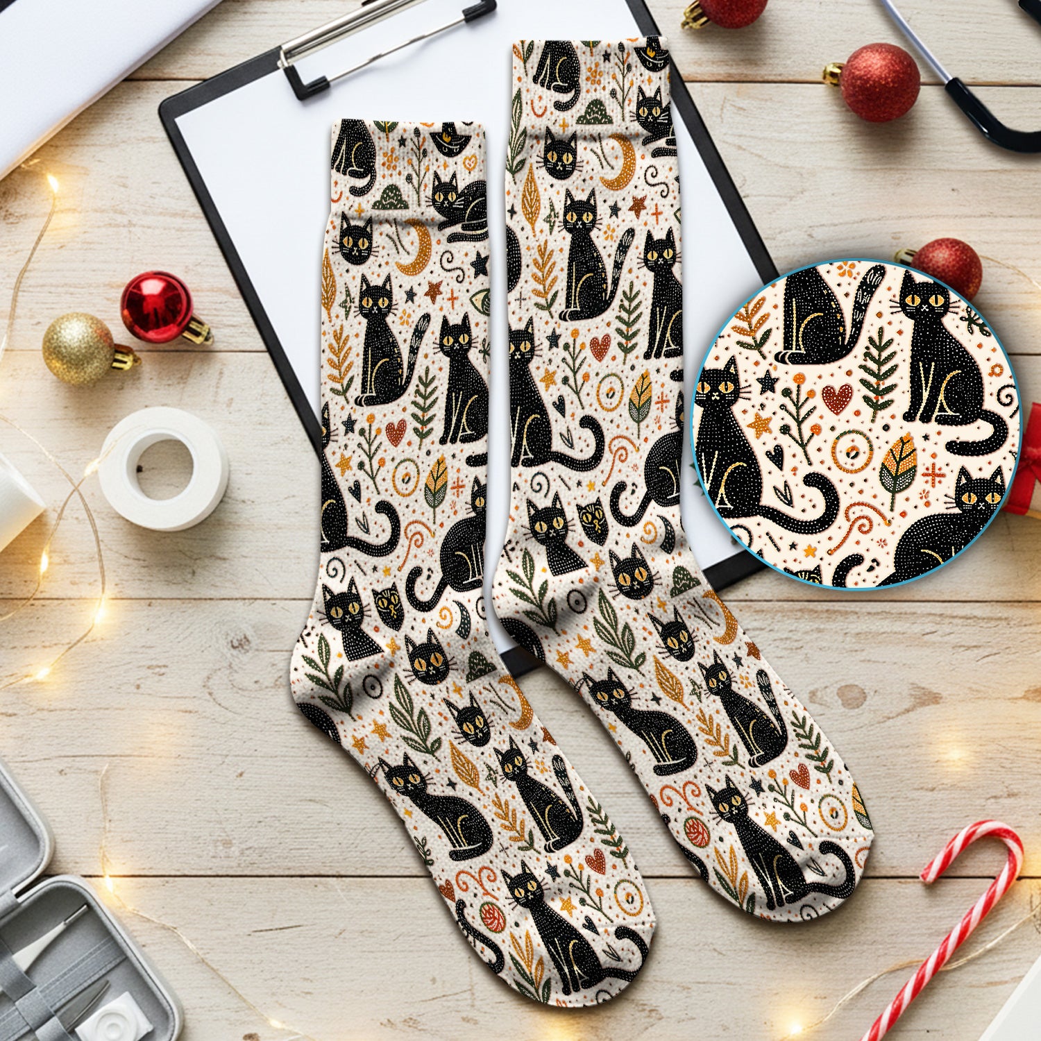 Mystic Black Cat Celestial Doodle Pattern Socks, Breathable Fabrics Medical Uniform