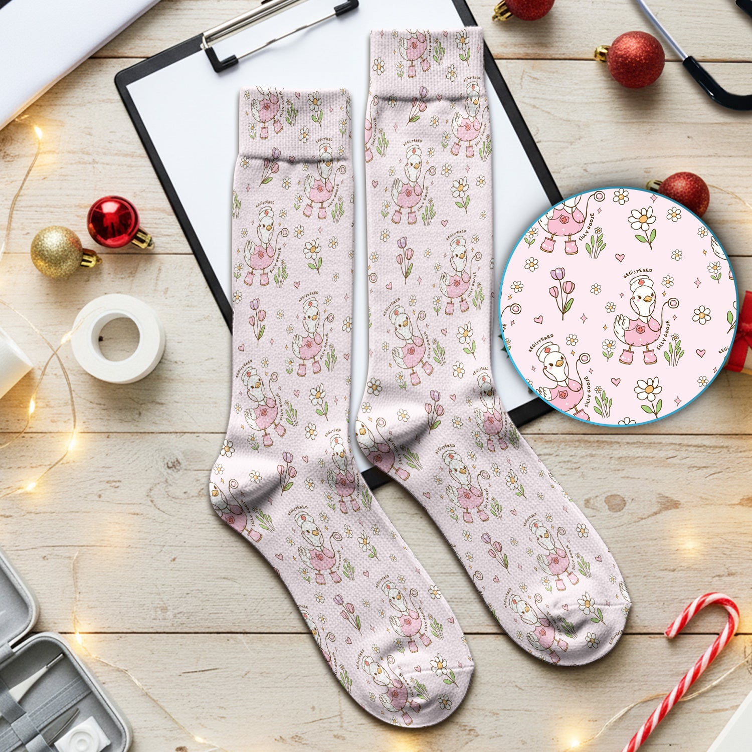 Funny Nurse Goose Daisy Print Socks, Adult Socks for Men and Women