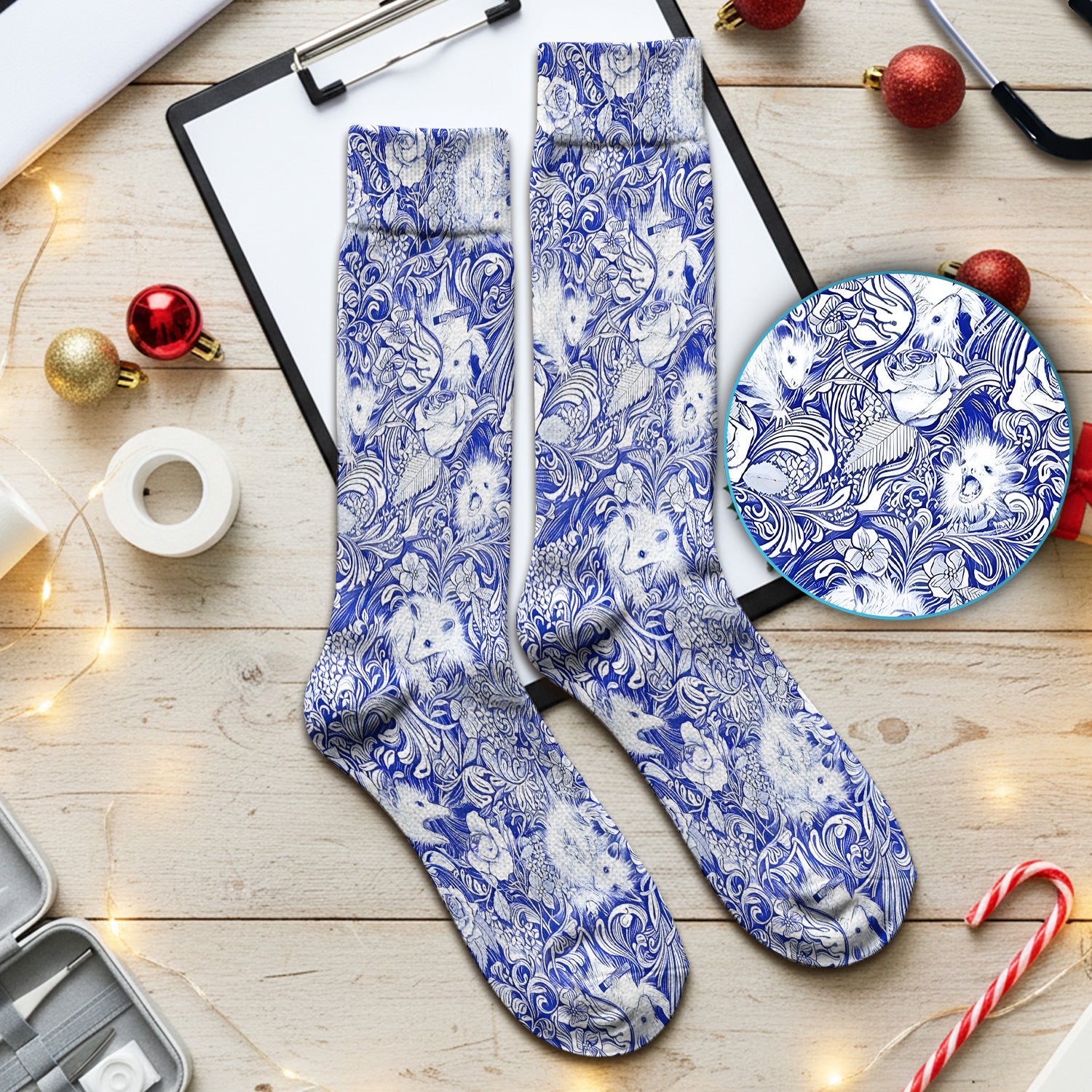 Blue Toile Porcupine Floral Pattern Socks, Socks for Nurse Doctor
