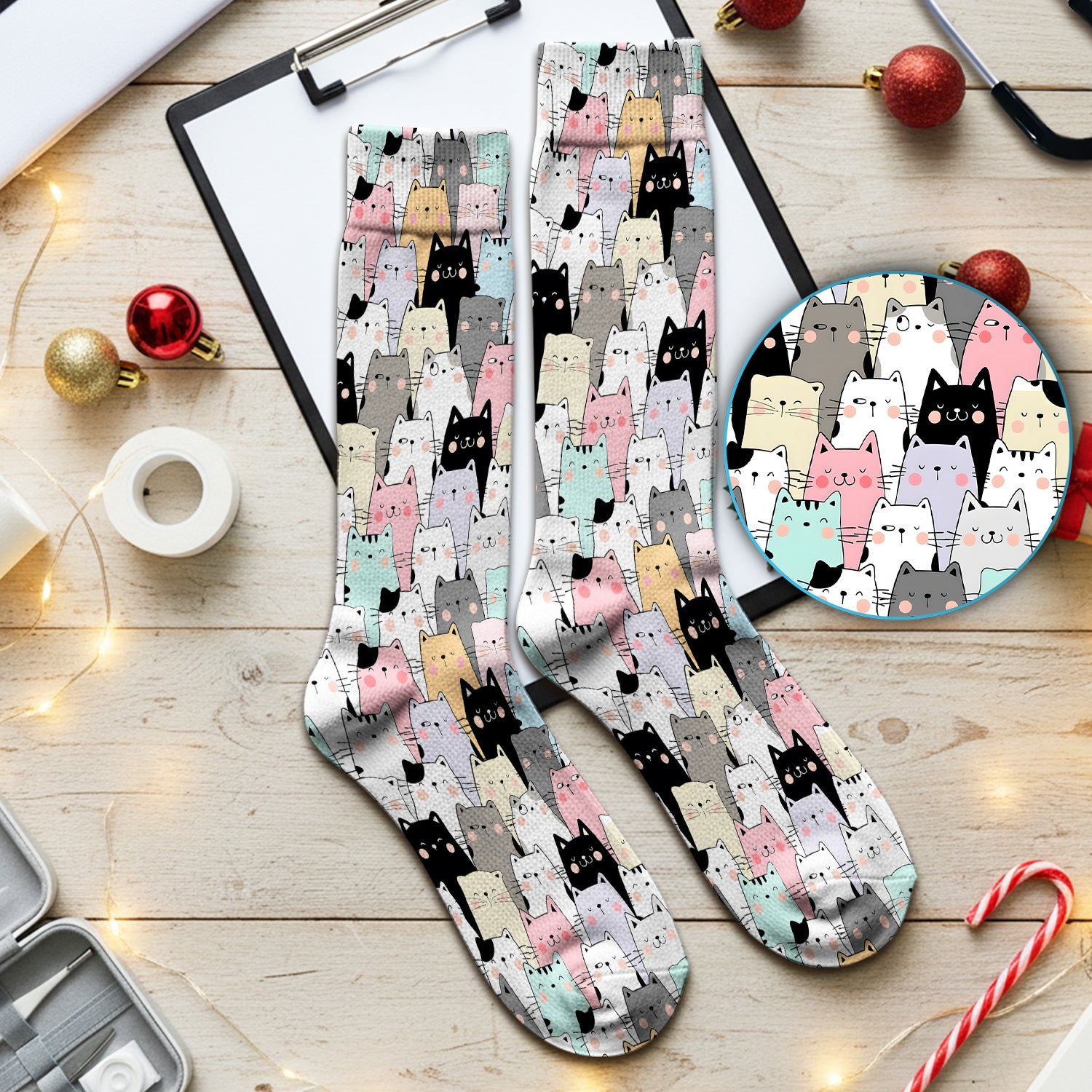 Playful Cartoon Cat Crowd Pattern Print Socks, Socks for Nurse Doctor