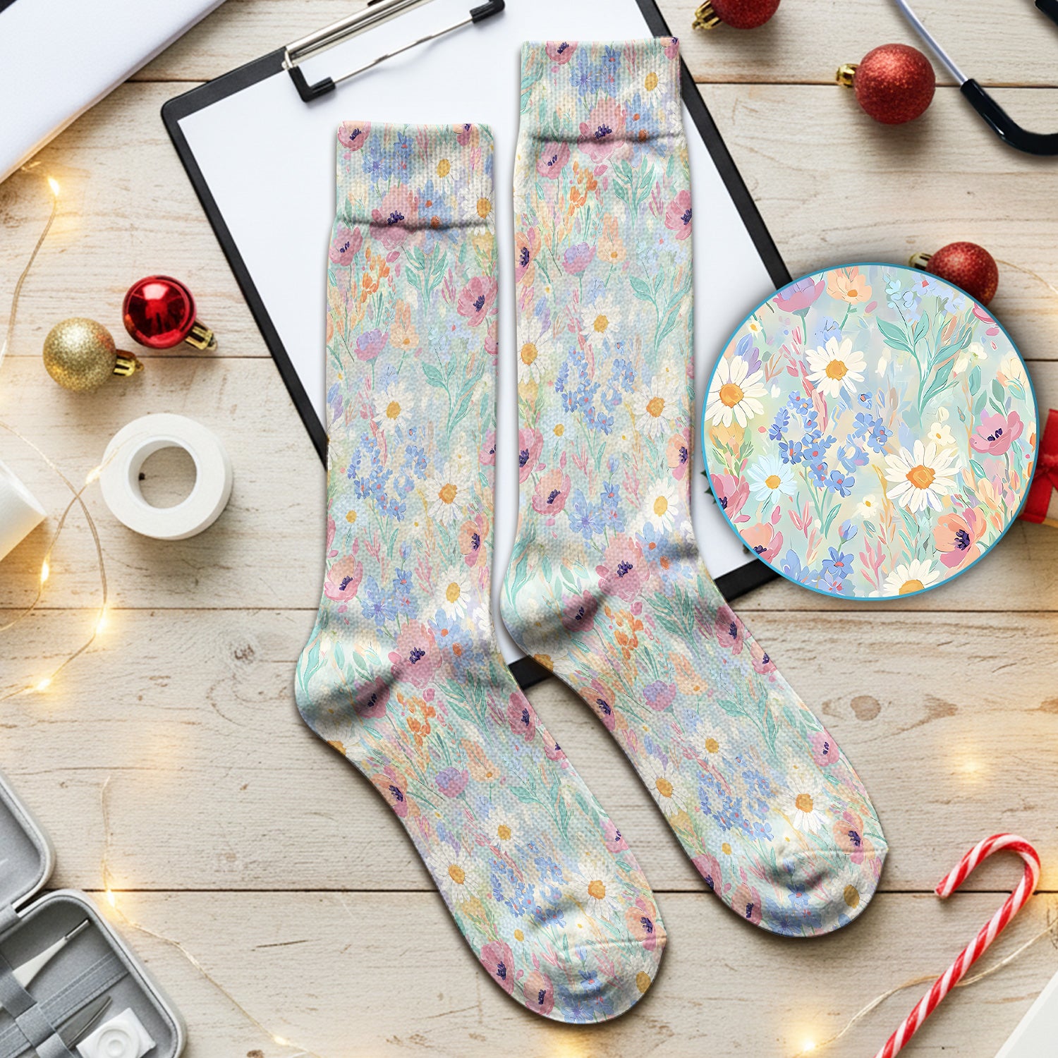 Pastel Wildflower Meadow Floral Pattern Socks, Adult Socks for Men and Women
