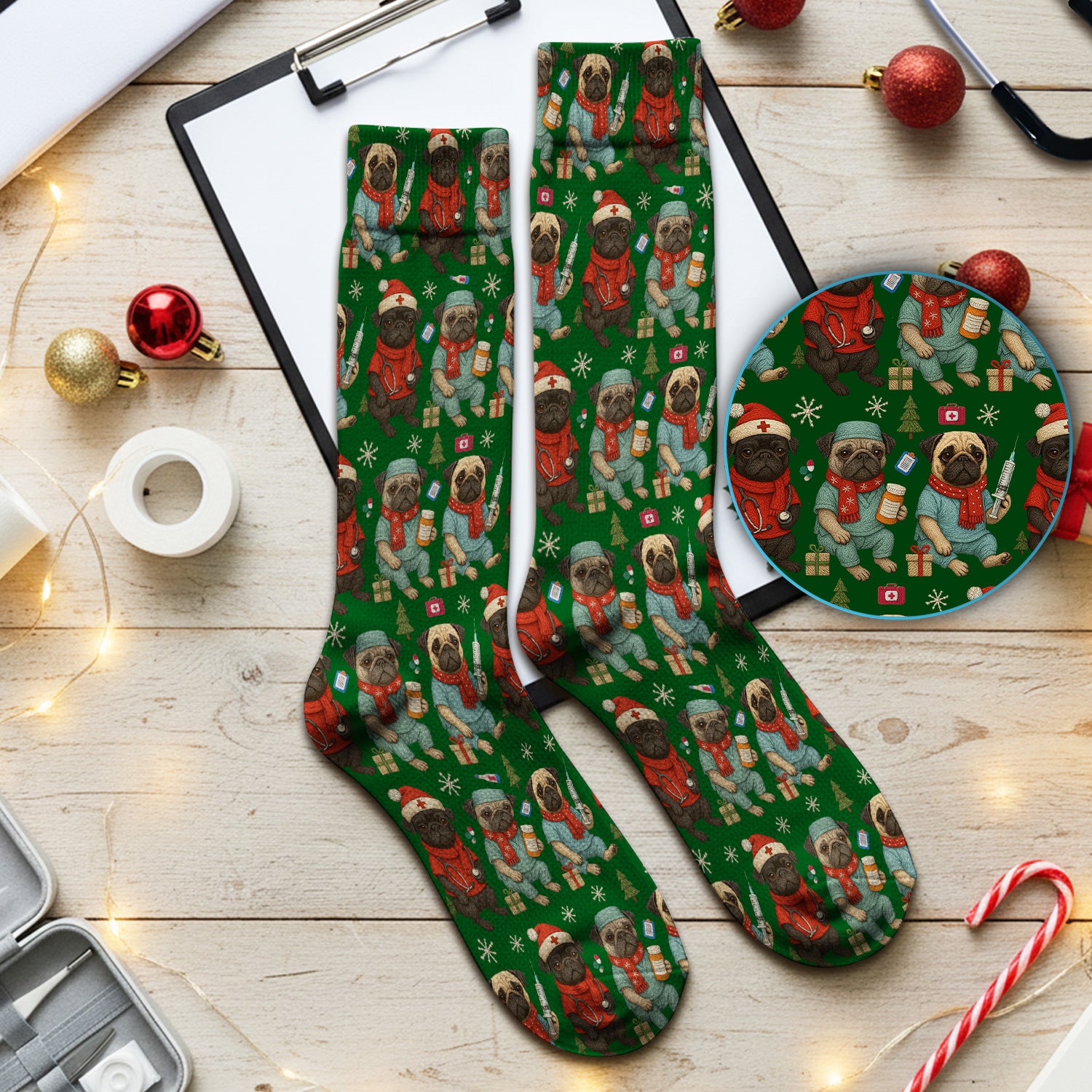 Christmas Pug Nurse Scrub Socks, Cute Holiday Dog Medical Uniform Shirt For Nursing