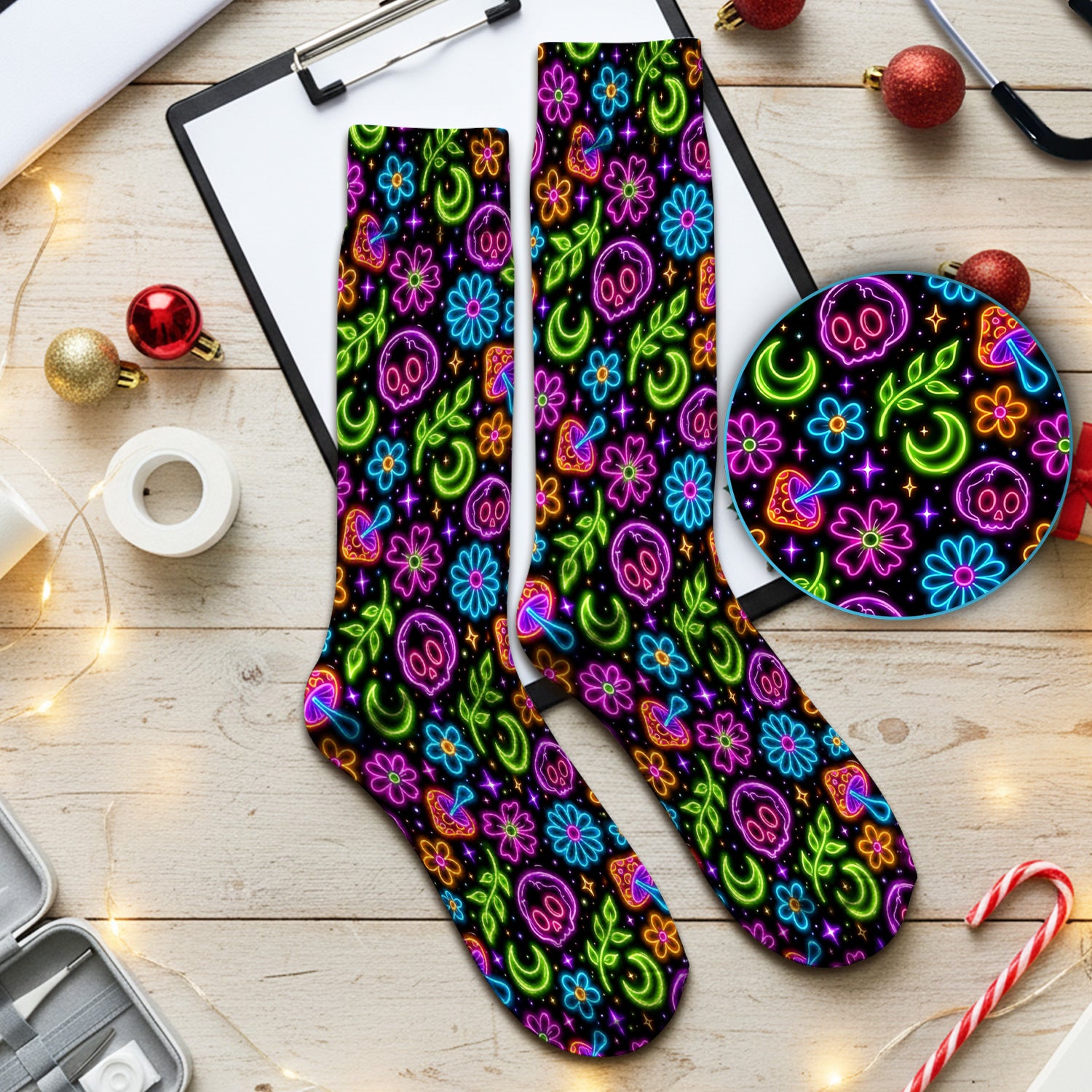 Neon Skull Mushroom Floral Pattern Socks, Breathable Fabrics Medical Uniform