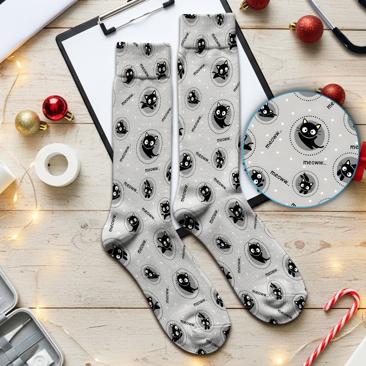 Funny Black Cat Meow Pattern Socks, Adult Socks for Men and Women