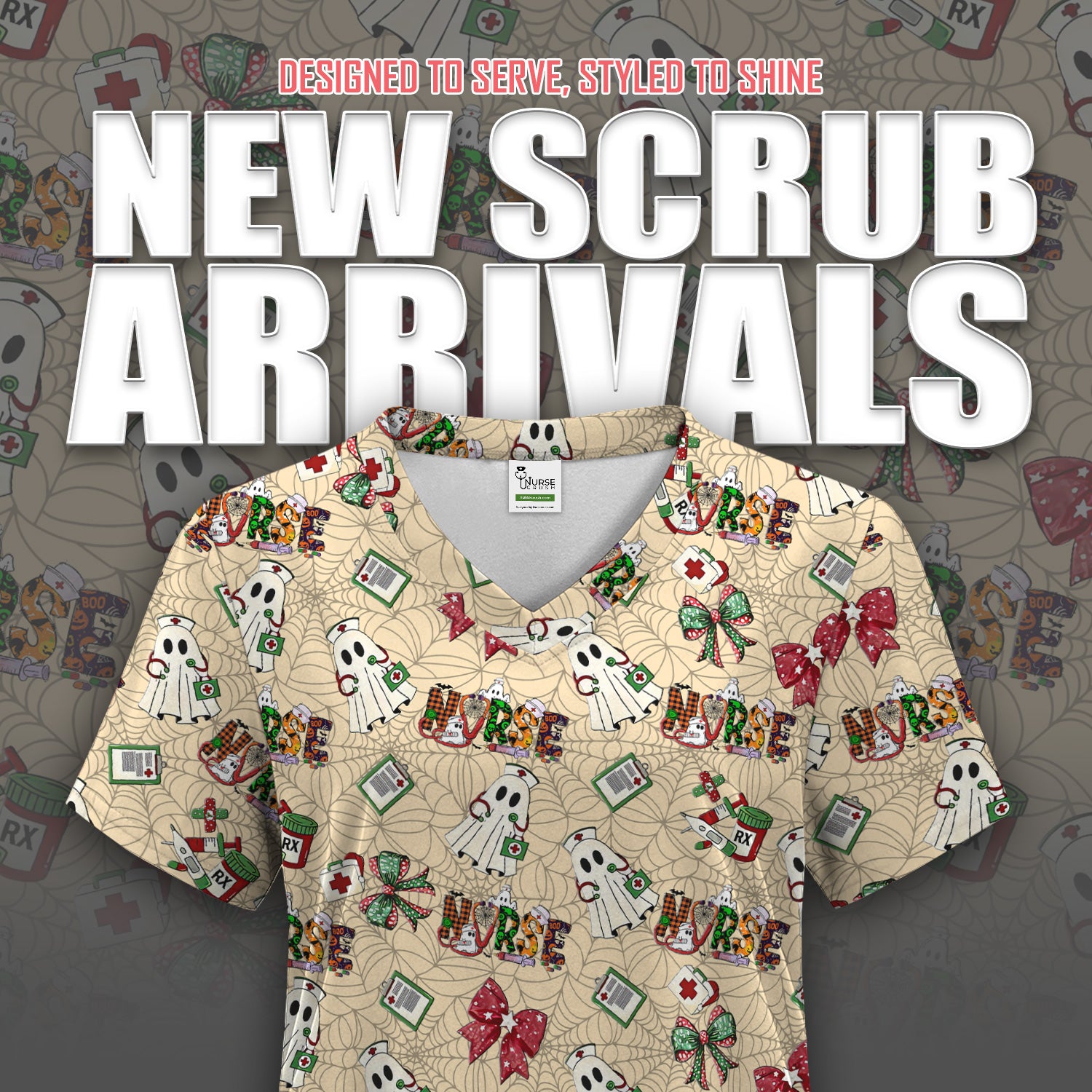 Custom Halloween Scrub Top for Nurses - Funny Ghost and Web Scrub Shirt Multi Color - Cute Spooky Nursing Workwear with Pockets